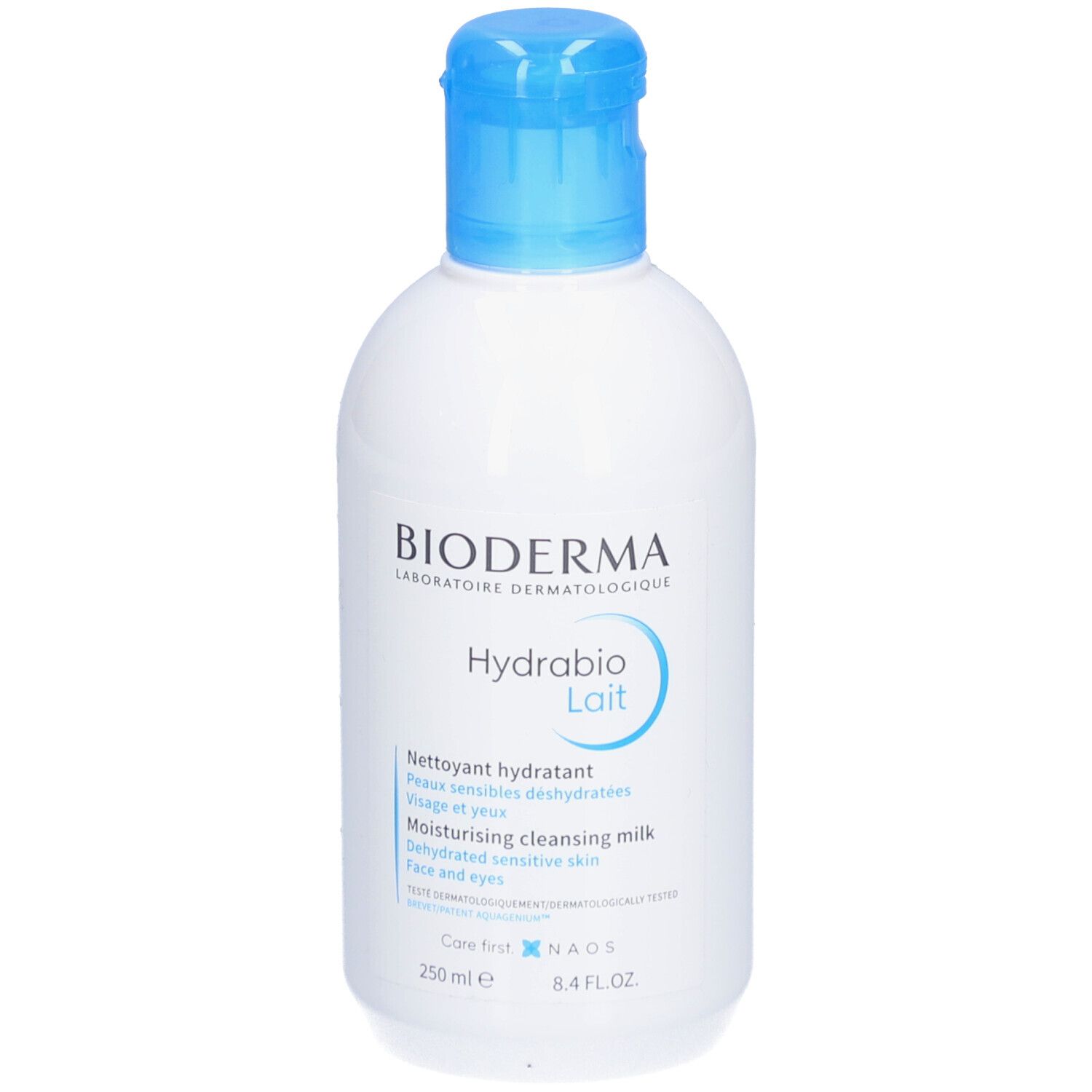 Flacon blanc avec bouchon bleu. BIODERMA Hydrabio Lait. Inscription : Nettoyant hydratant, Moisturising cleansing milk. 250 ml.