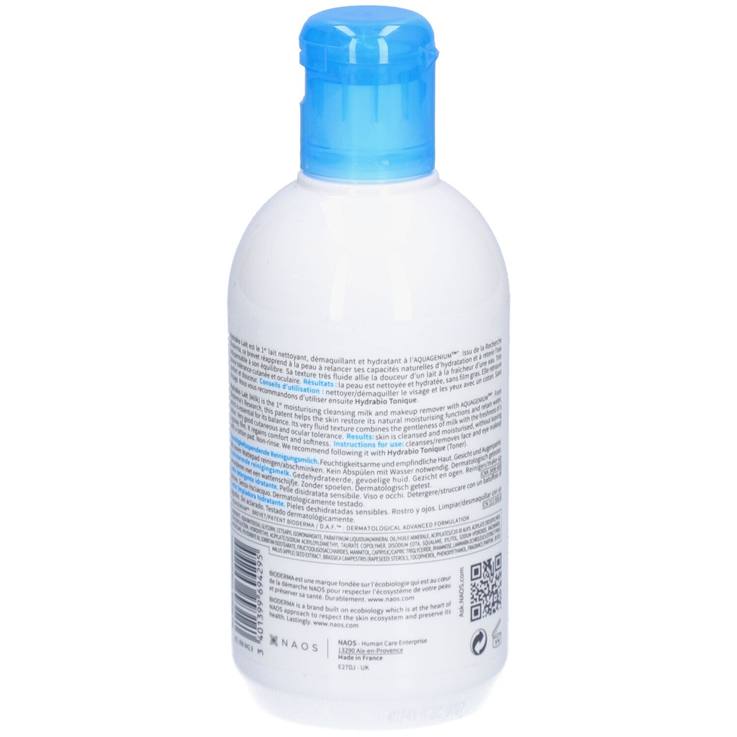 Dos d'un flacon blanc avec bouchon bleu. BIODERMA Hydrabio Lait. Texte multilingue. Code QR et logos.