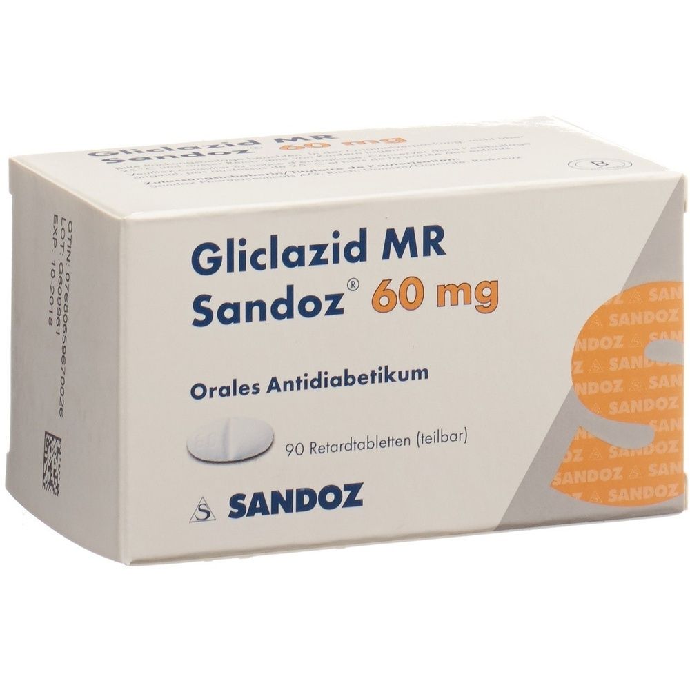 Boîte de Gliclazid MR Sandoz 60 mg. Inscription : Antidiabétique oral, 90 comprimés à libération prolongée. Marque Sandoz. Emballage blanc.