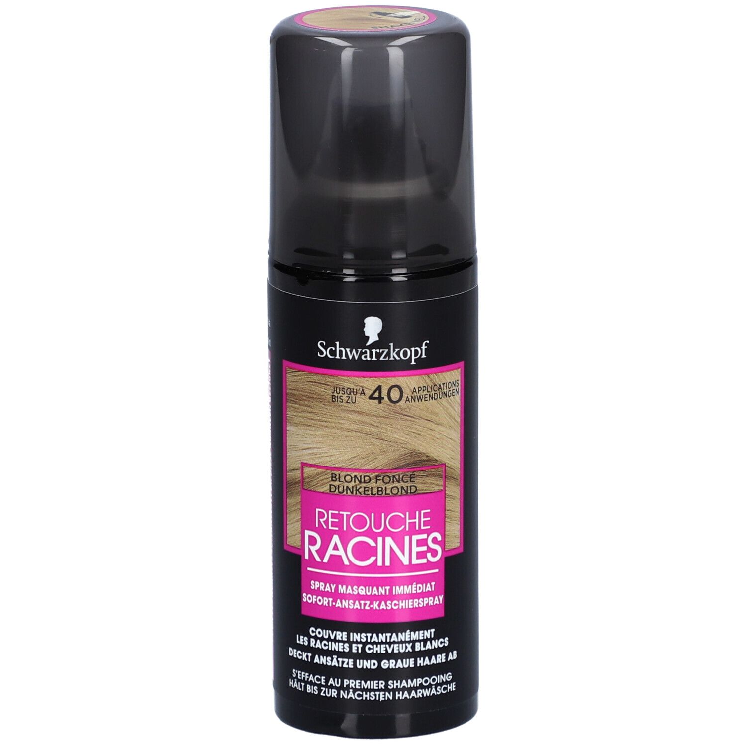 Schwarzkopf Retouche Racines spray. Blond foncé. Flacon noir avec informations et illustration de la couleur.