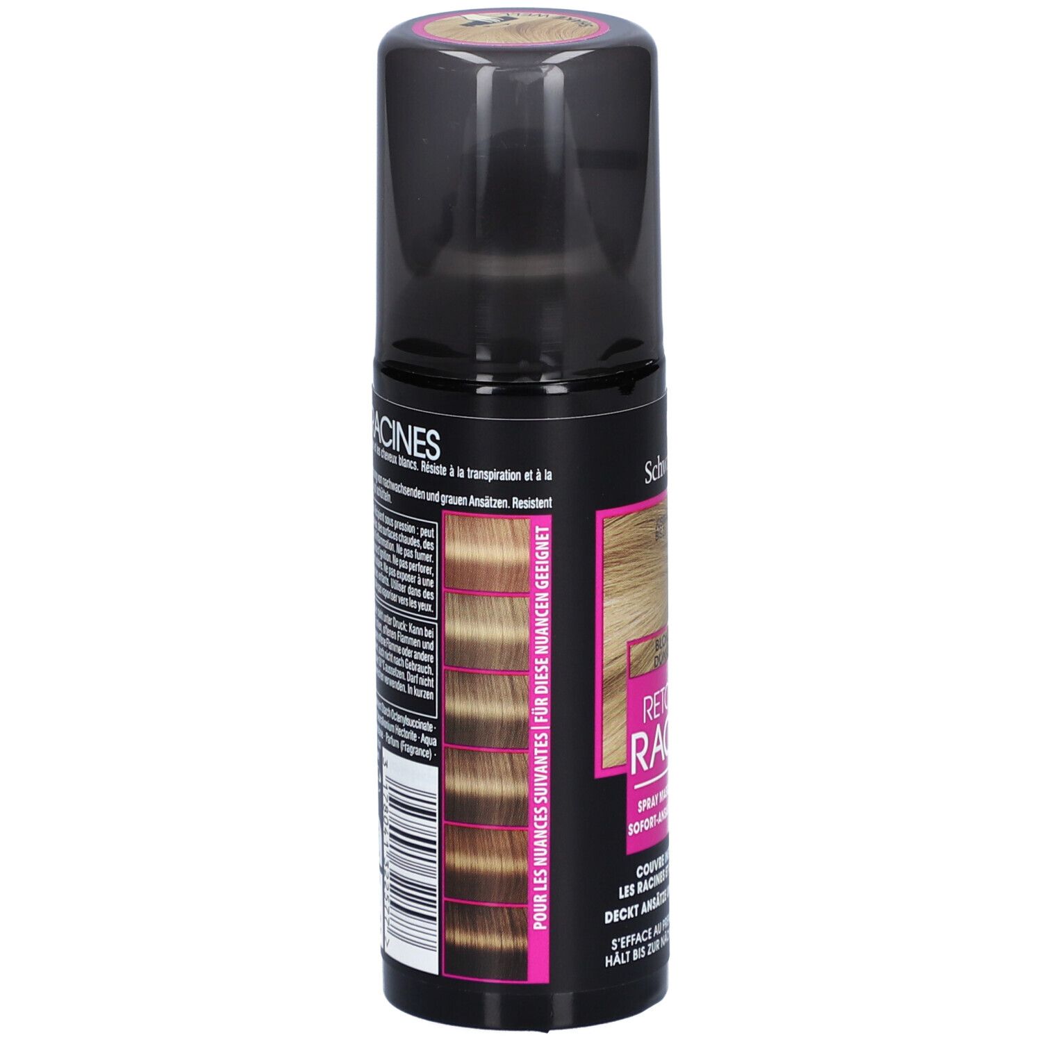 Schwarzkopf Retouche Racines spray. Dos du flacon avec informations et exemples de couleurs.