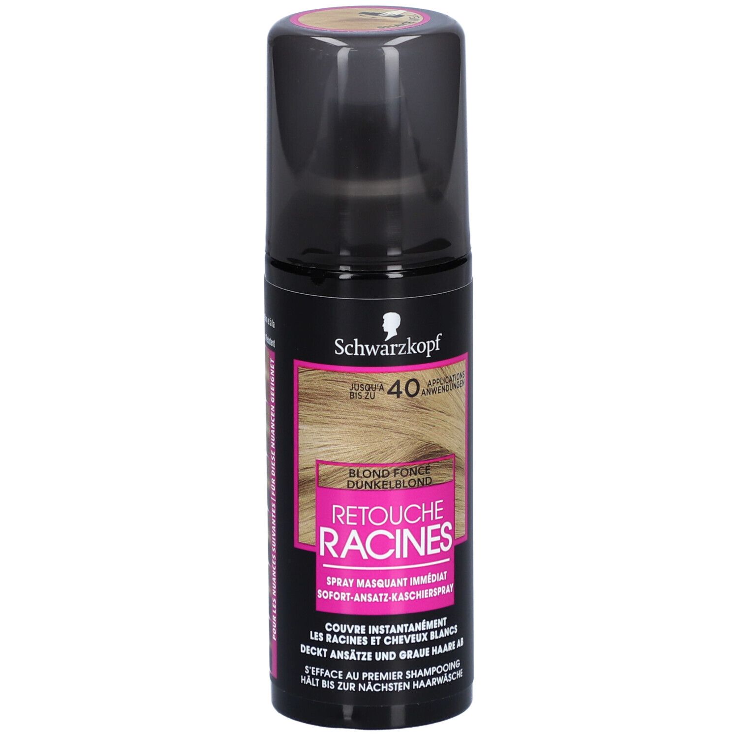 Schwarzkopf Retouche Racines spray. Blond foncé. Flacon noir avec informations et illustration de la couleur.