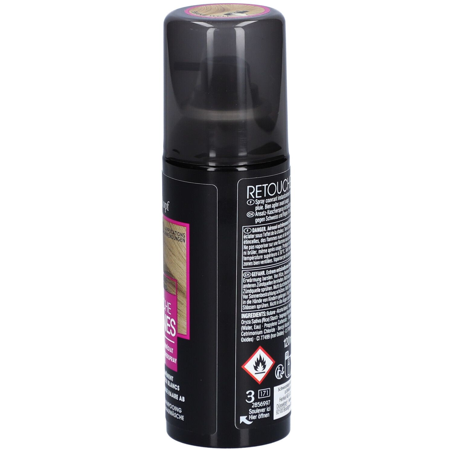 Schwarzkopf Retouche Racines spray. Flacon noir avec informations et avertissements.