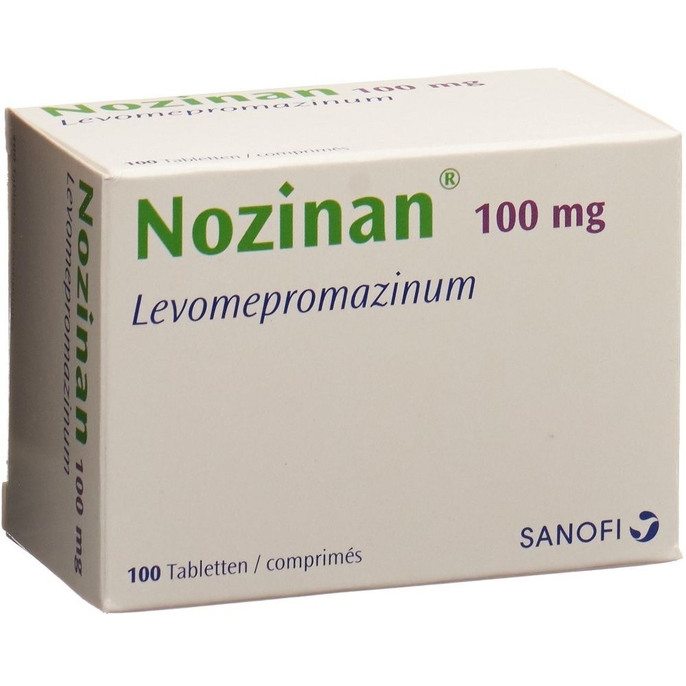 Karton mit der Aufschrift "Nozinan 100 mg". Die Verpackung ist weiß mit grünen und grauen Akzenten.