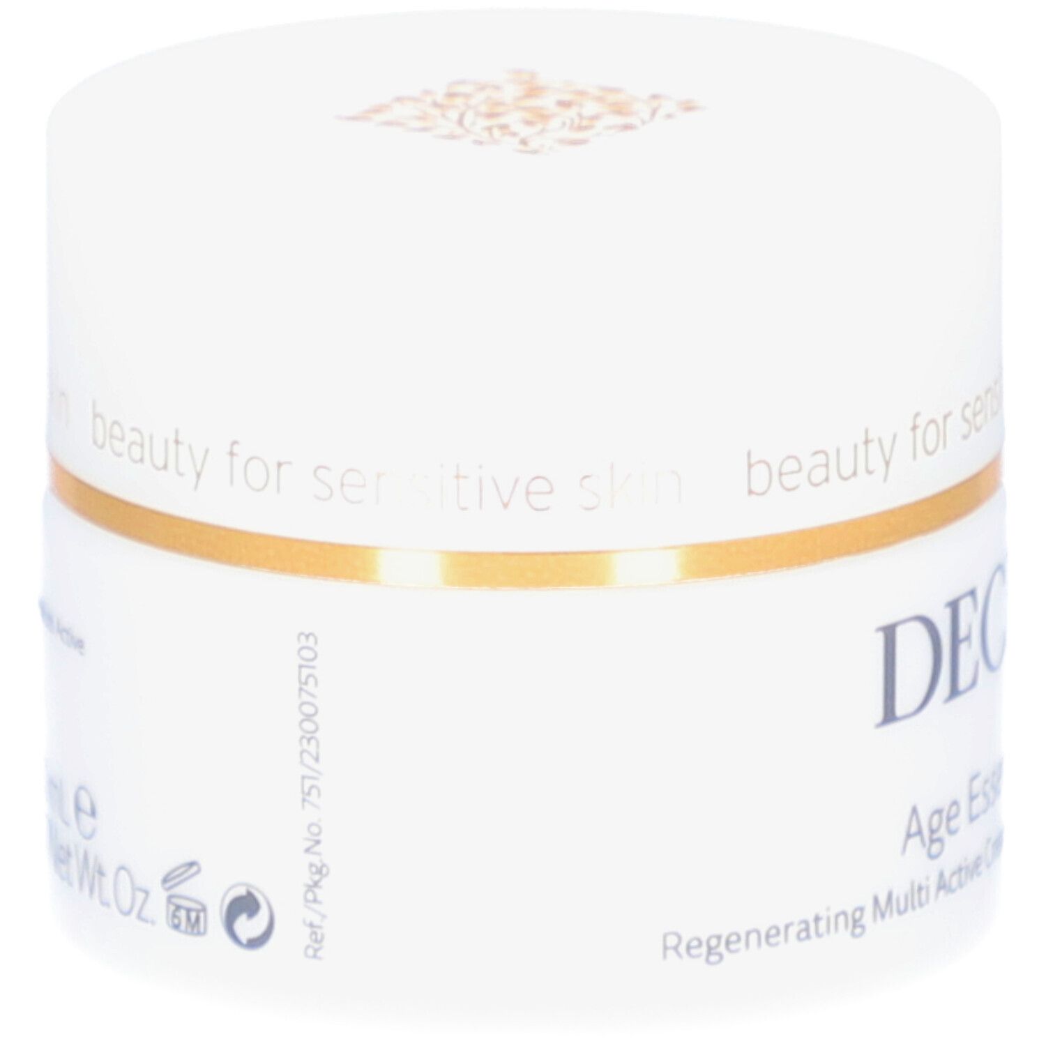 Pot blanc avec anneau doré. Inscription : DECLARÉ, Age Essential Cream. Dos avec texte et symboles.