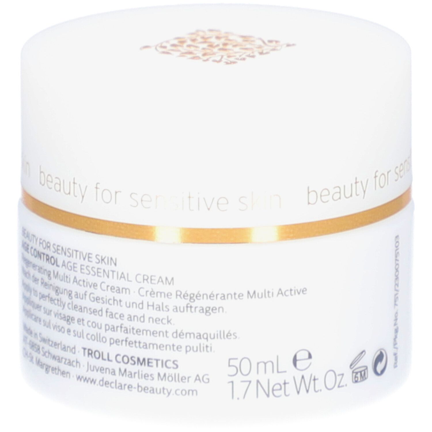 Weißer Tiegel mit goldfarbenem Rand. DECLARÉ-Logo und Produktname Age Essential Cream.