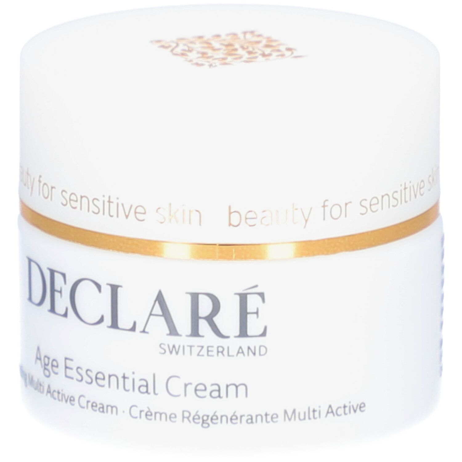 Pot blanc avec anneau doré. Inscription : DECLARÉ, Age Essential Cream. Pour peaux sensibles.