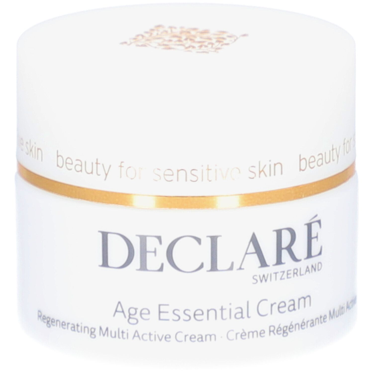 Pot blanc avec anneau doré. Inscription : DECLARÉ, Age Essential Cream. Pour peaux sensibles.