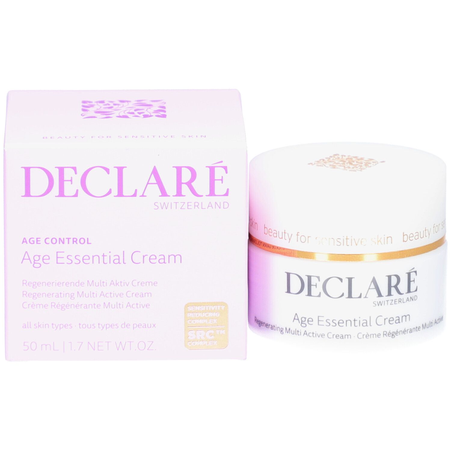 Emballage et pot du produit. Inscription : DECLARÉ, Age Essential Cream. 50 ml. Avec certification SRC.