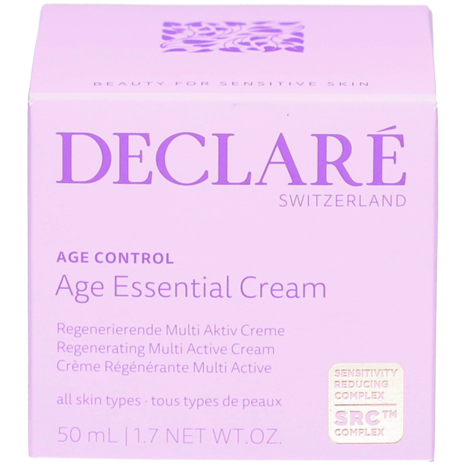 Emballage du produit. Inscription : DECLARÉ, Age Essential Cream. 50 ml. Avec certification SRC.