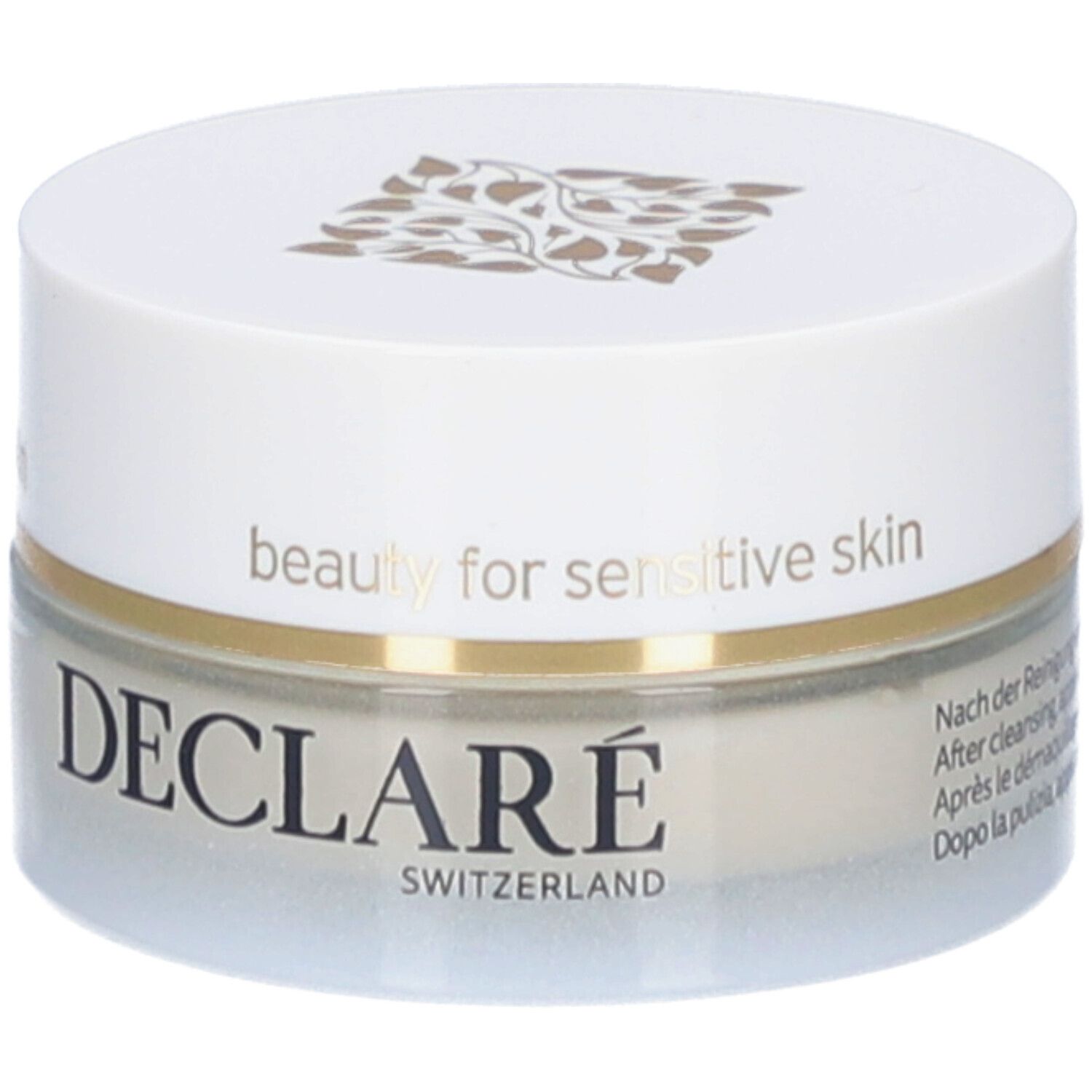 Cremebehälter mit Deckel. Aufschrift: DECLARÉ SWITZERLAND. Für empfindliche Haut.