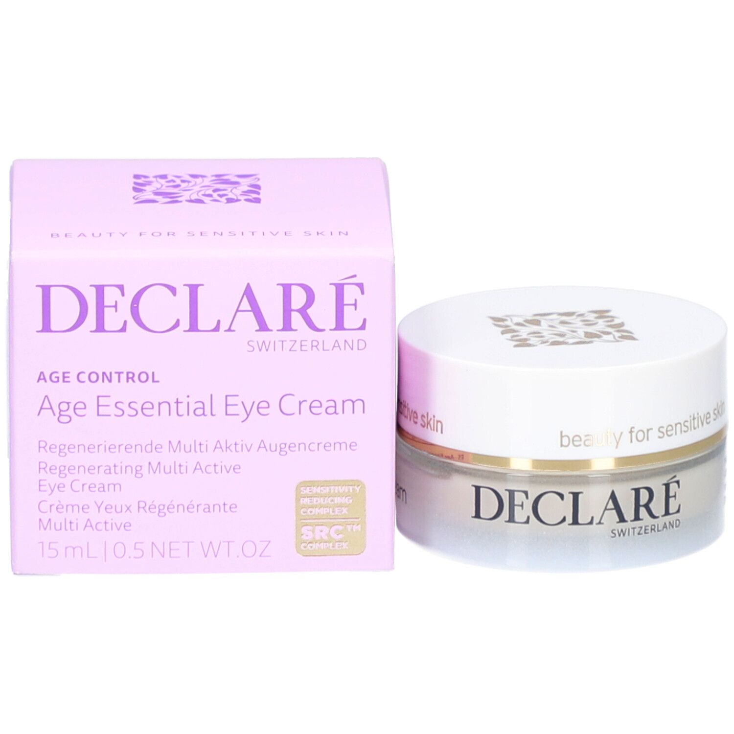 Creme und Verpackung. Aufschrift: DECLARÉ SWITZERLAND. Age Essential Eye Cream. 15 ml.