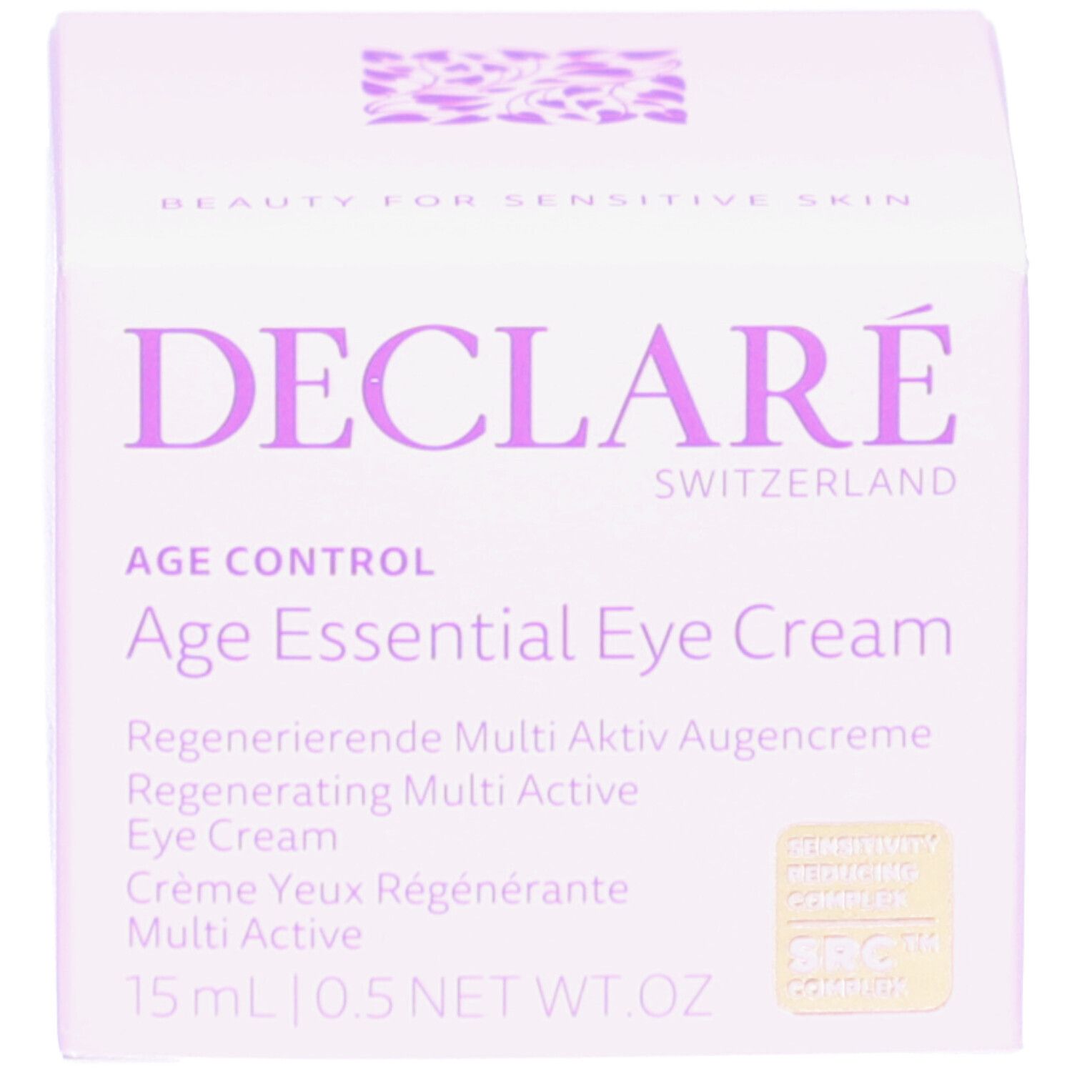 Verpackung. Aufschrift: DECLARÉ SWITZERLAND. Age Essential Eye Cream. 15 ml.