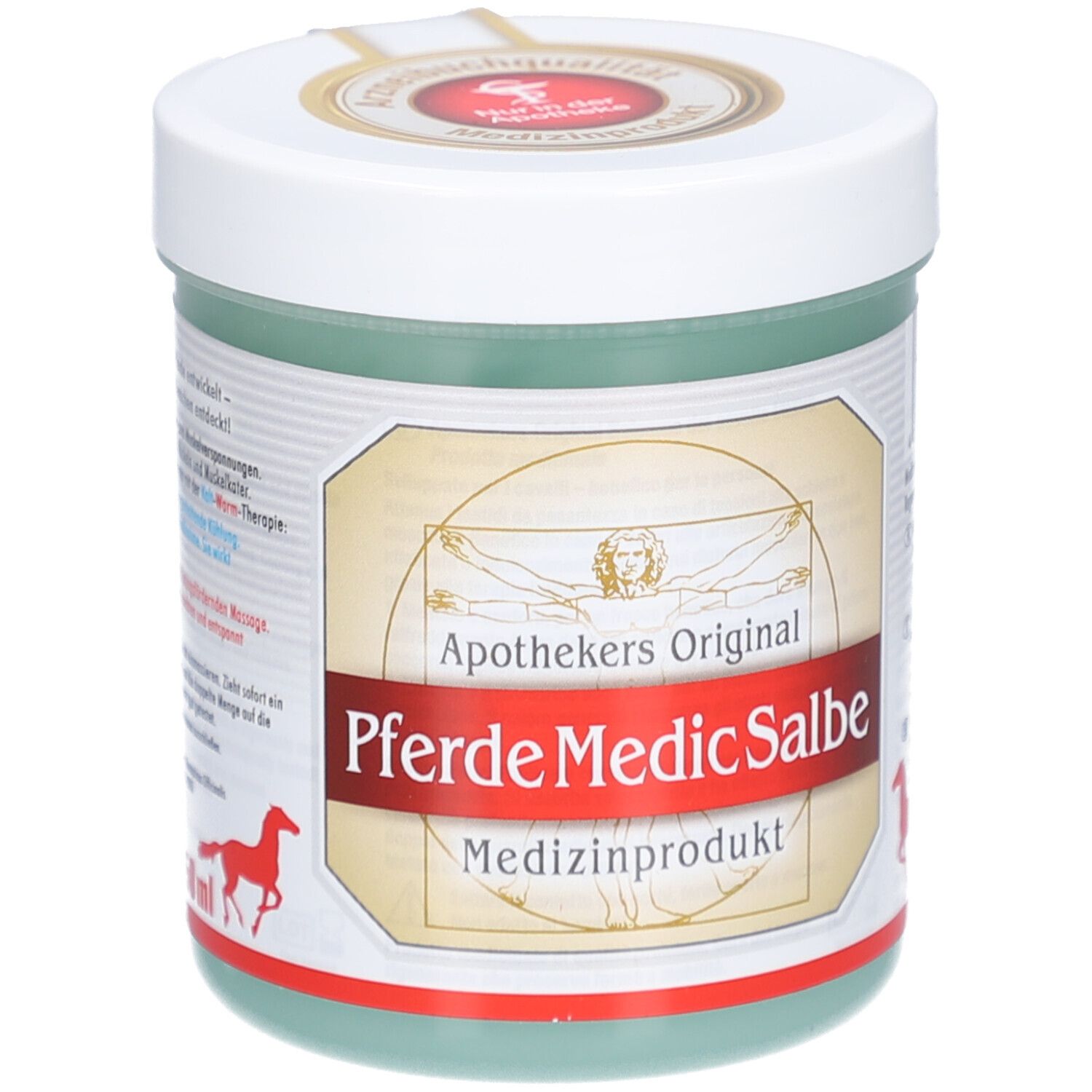 Grüne Dose mit weißem Deckel. Aufschrift: Apothekers Original Pferde Medic Salbe. Medizinprodukt. Rotes Pferd-Logo.