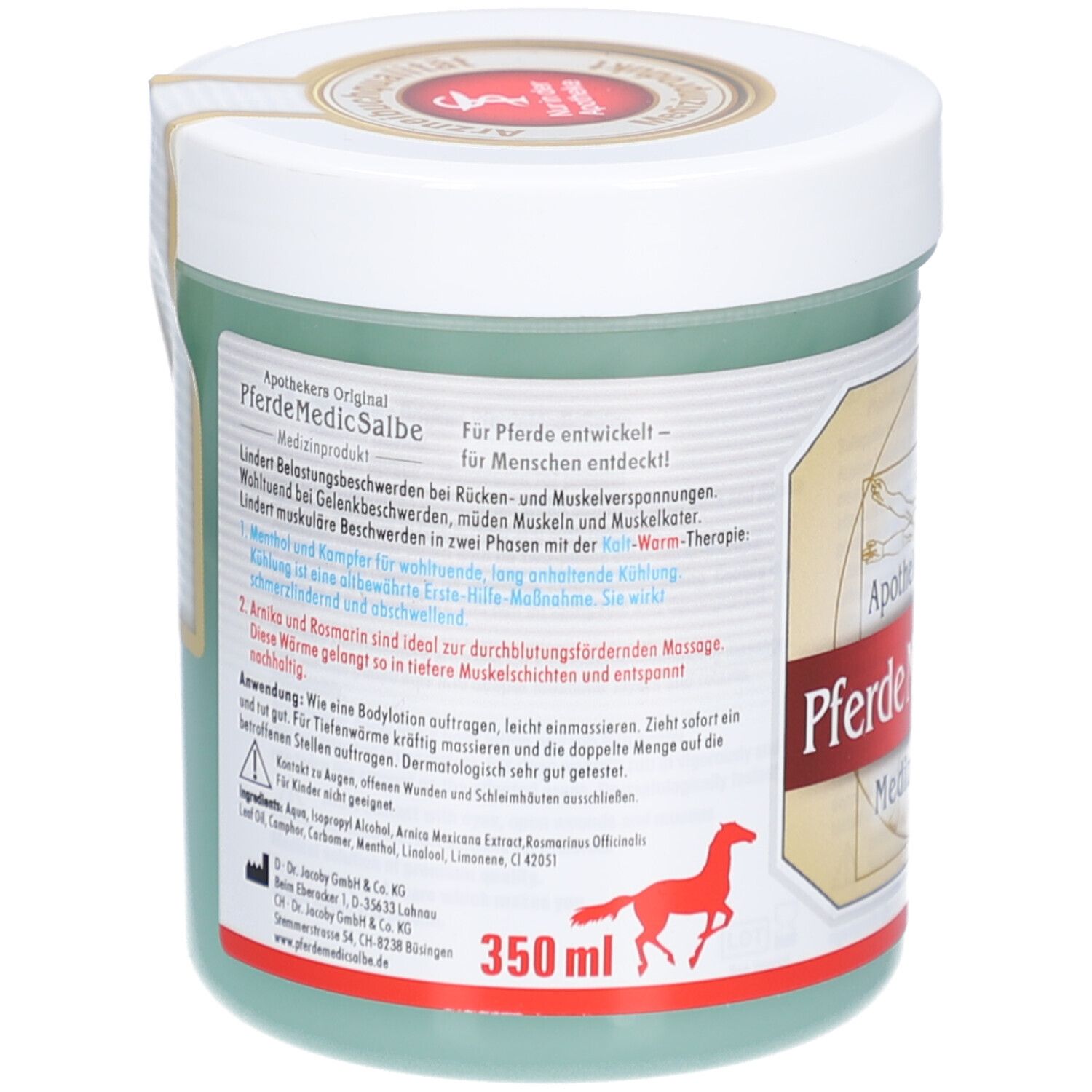 Grüne Dose mit weißem Deckel. Aufschrift: Apothekers Original Pferde Medic Salbe. Medizinprodukt. 350 ml. Rotes Pferd-Logo.