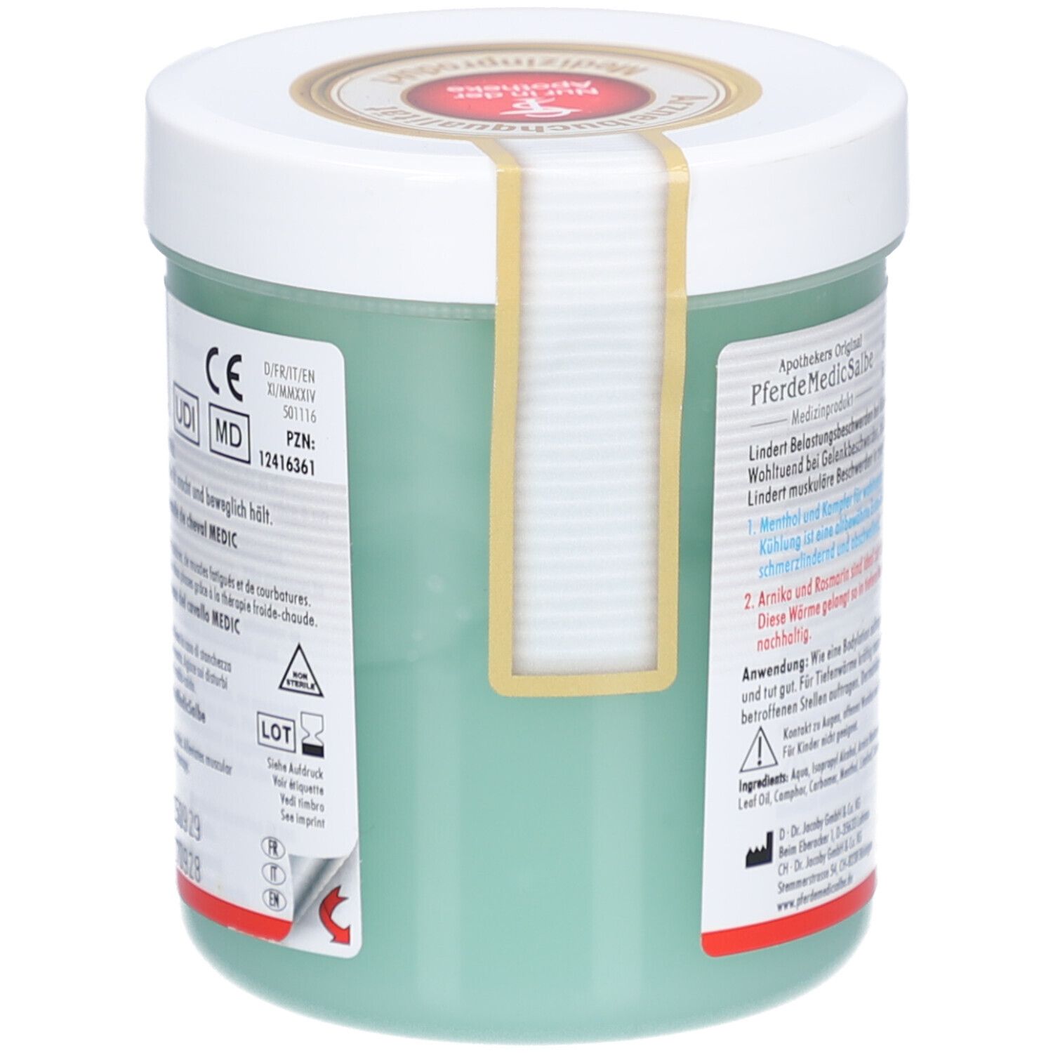 Grüne Dose mit weißem Deckel. Aufschrift: Apothekers Original Pferde Medic Salbe. Medizinprodukt. CE-Kennzeichnung.