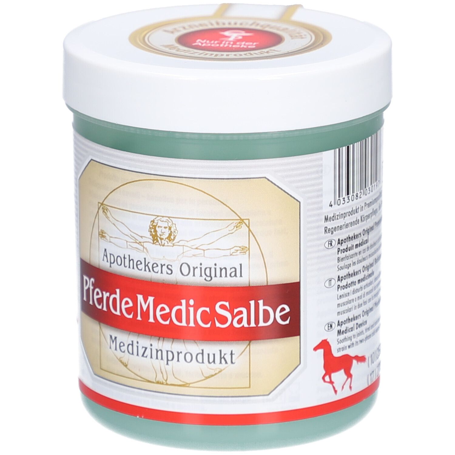 Grüne Dose mit weißem Deckel. Aufschrift: Apothekers Original Pferde Medic Salbe. Medizinprodukt. Barcode.