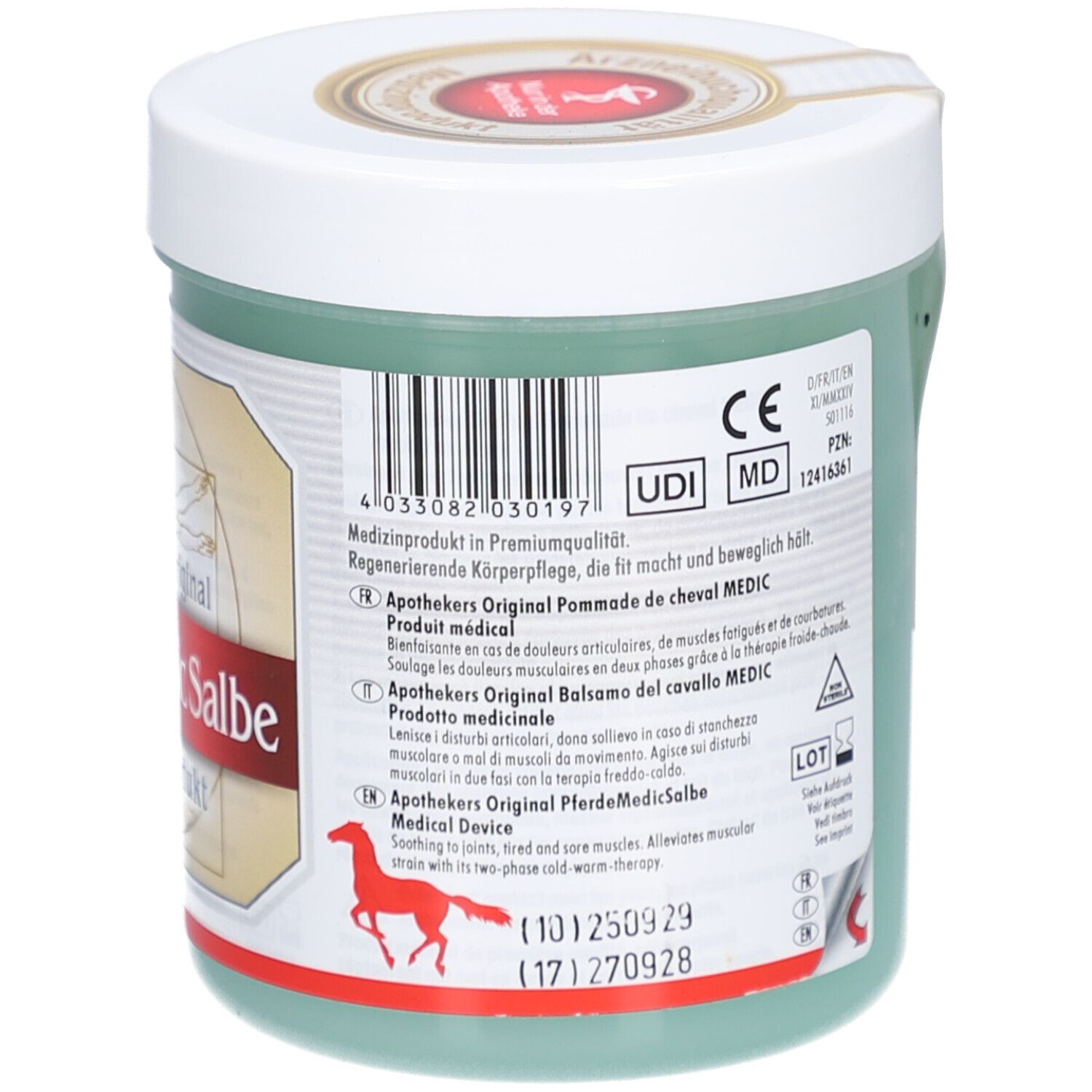 Grüne Dose mit weißem Deckel. Aufschrift: Apothekers Original Pferde Medic Salbe. Medizinprodukt. CE-Kennzeichnung.