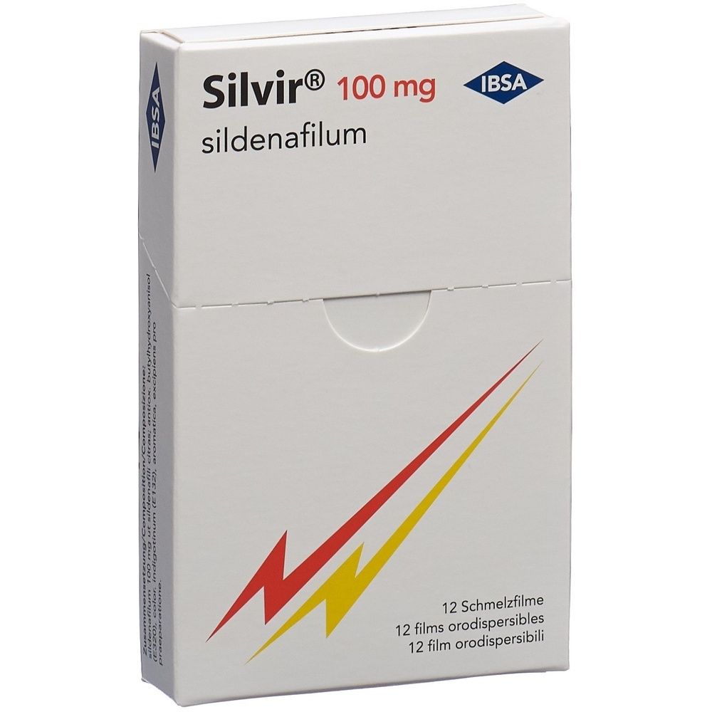Kartonverpackung. Aufschrift SILVIR 100 mg. Rote, gelbe und orangefarbene diagonale Linien. Text in Schwarz und Blau.