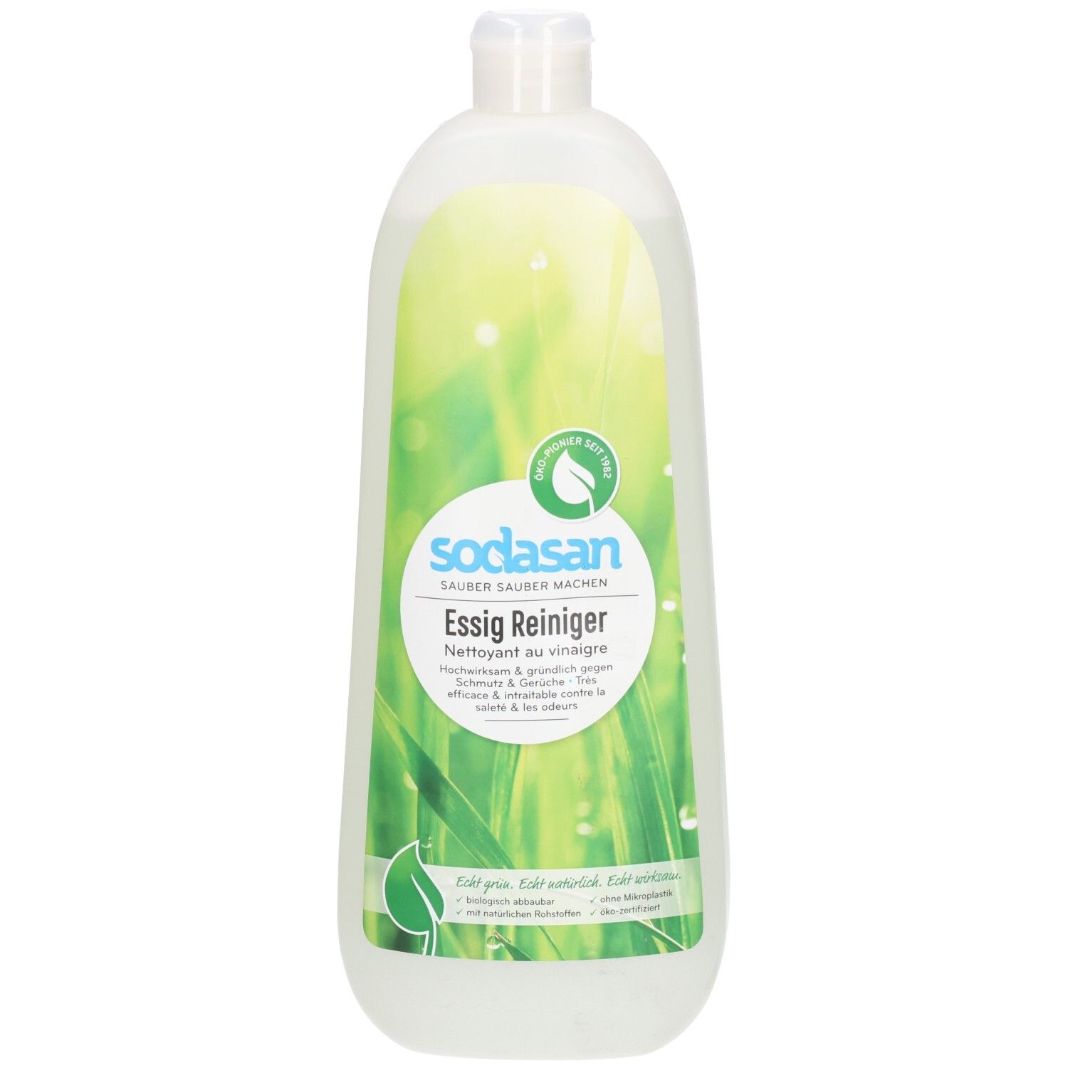 Flasche mit grünem Etikett. Aufschrift: SODASAN Essig Reiniger. Bio-Qualität. Grünes Blatt-Logo. Transparente Flüssigkeit.