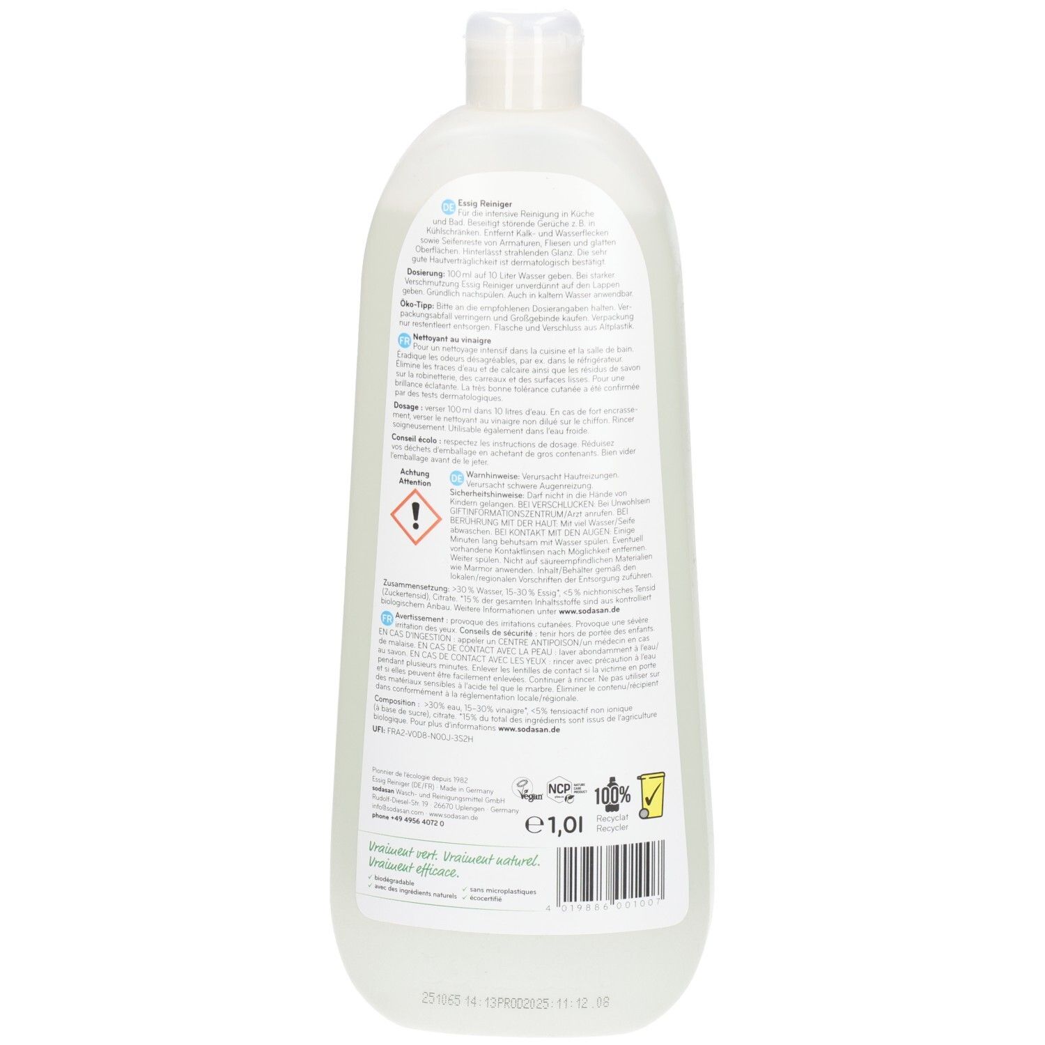 Rückseite der Flasche. Textinformationen, Warnhinweise und Logos. Enthält das Logo für Bio-Qualität und ein Barcode.