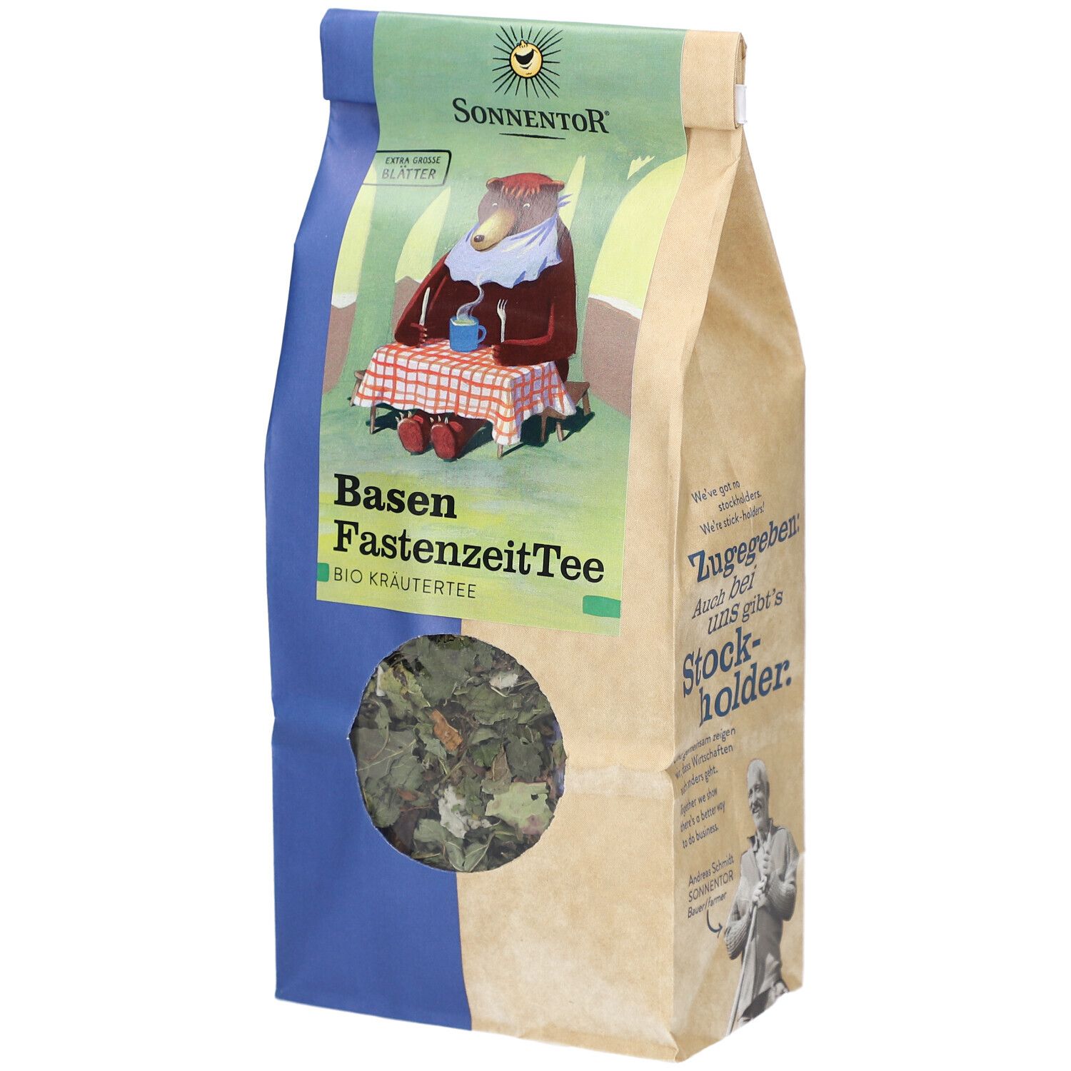 Beutel mit losem Kräutertee. Sichtfenster zeigt getrocknete Blätter. Aufdruck: Basen FastenzeitTee, Bio Kräutertee, Sonnentor Logo.