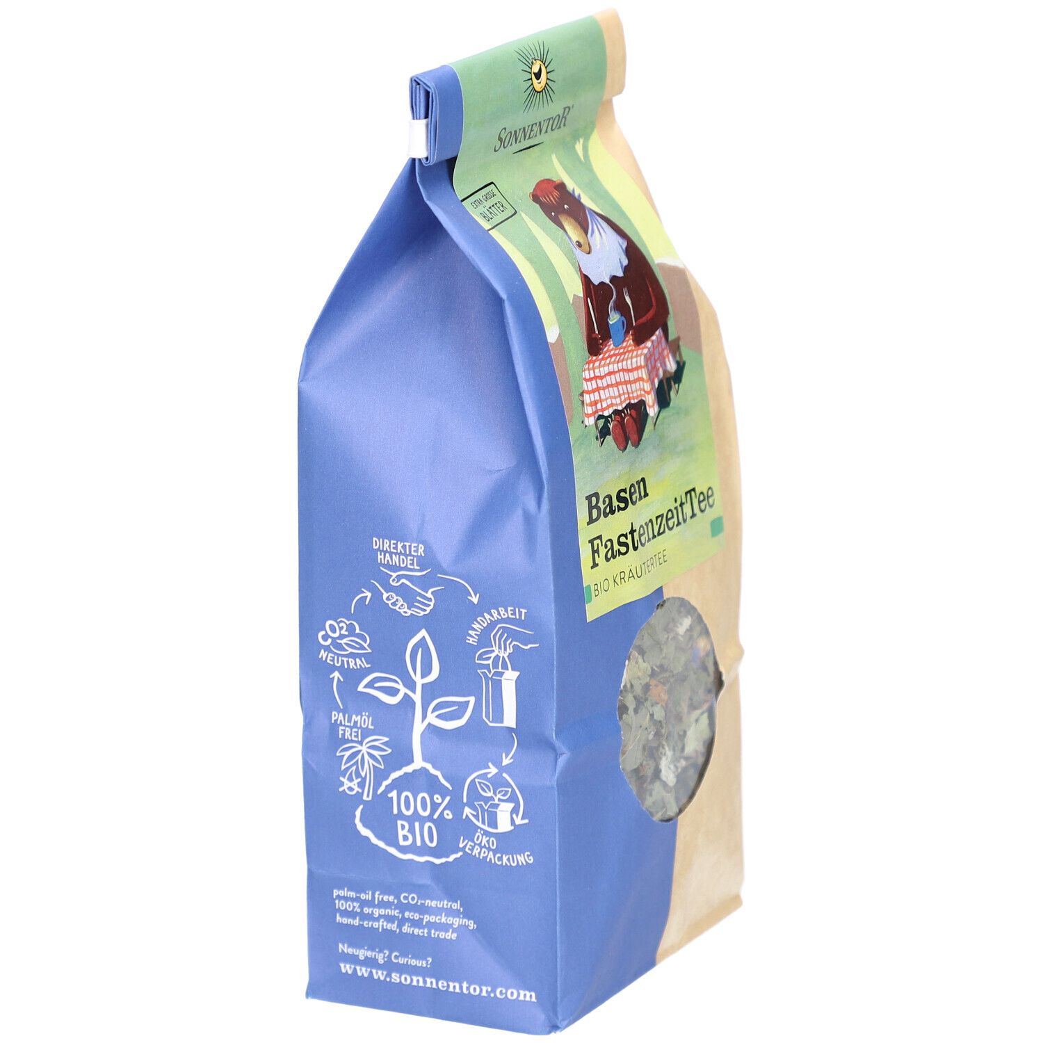 Verpackung mit losem Tee. Blaue und braune Farbgebung. Aufdruck: Basen FastenzeitTee, Bio Kräutertee, Sonnentor Logo. 100% Bio.