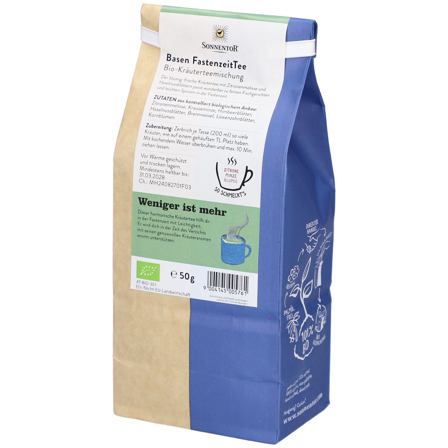 Verpackung mit losem Tee. Rückseite mit Text und Zutatenliste. Aufdruck: Basen FastenzeitTee, Bio Kräutertee, Sonnentor Logo. 50g.