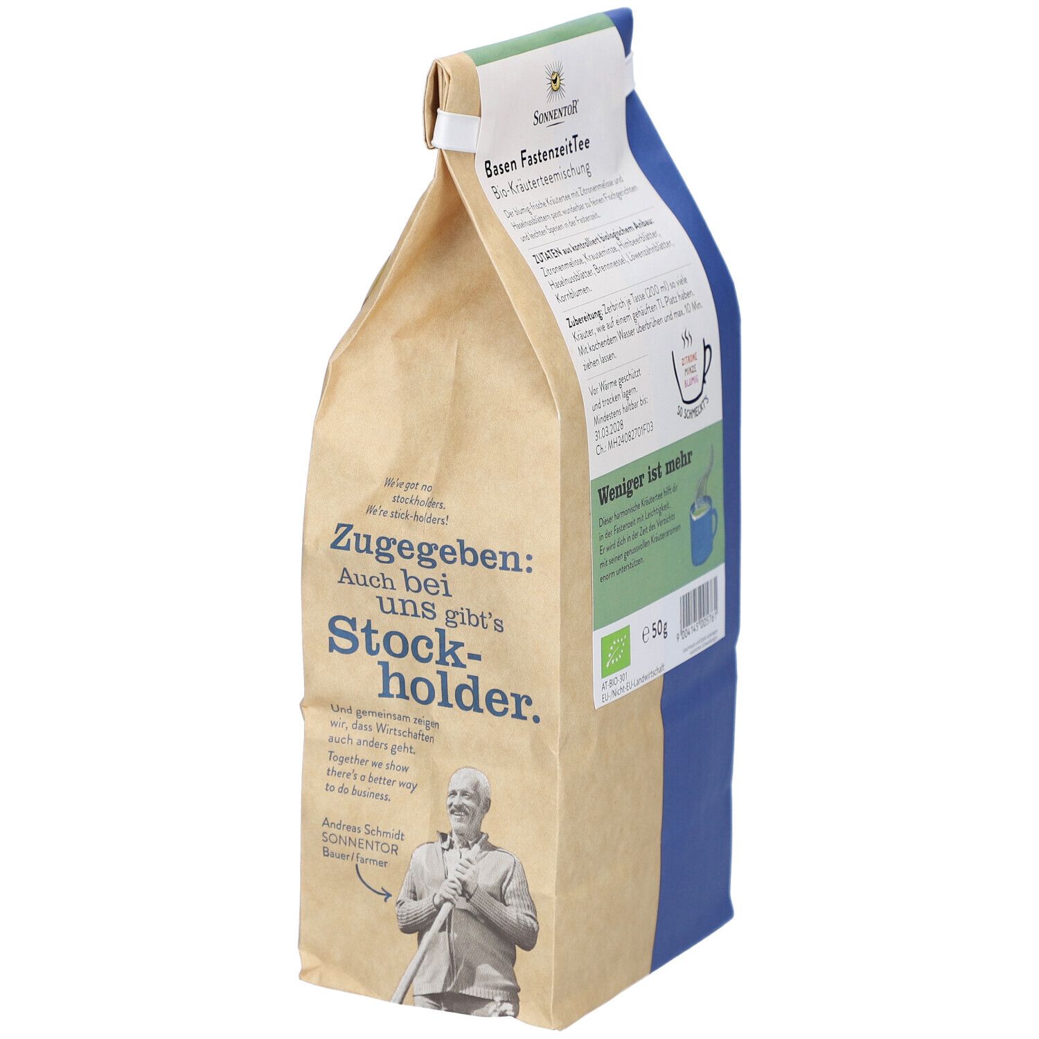 Verpackung mit losem Tee. Aufdruck: Sonnentor Logo, Basen FastenzeitTee, Bio Kräutertee. Text: Ohne Chemie-schas! 100% Bio.