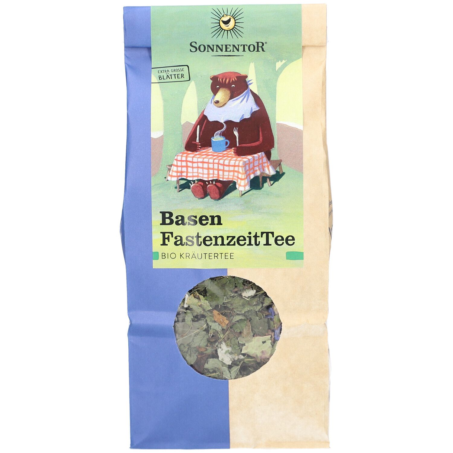 Beutel mit losem Kräutertee. Sichtfenster zeigt getrocknete Blätter. Aufdruck: Basen FastenzeitTee, Bio Kräutertee, Sonnentor Logo.