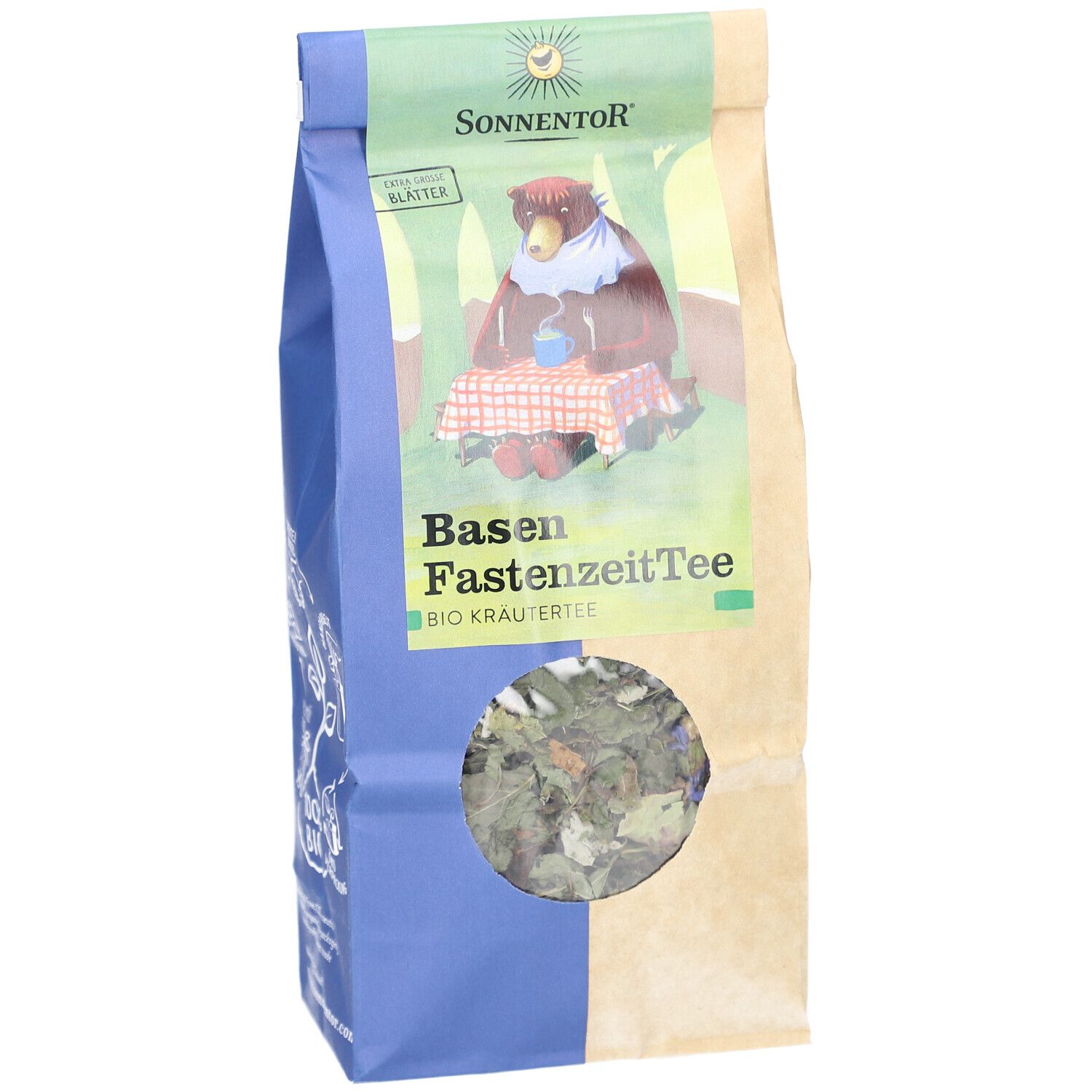 Beutel mit losem Kräutertee. Sichtfenster zeigt getrocknete Blätter. Aufdruck: Basen FastenzeitTee, Bio Kräutertee, Sonnentor Logo.