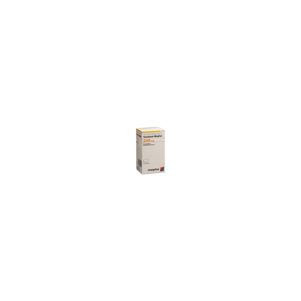 Karton von TENOFOVIR Mepha Lactab 245 mg. Aufdruck: 30 Stk. Gelb-weißes Design. Marke: Mepha.