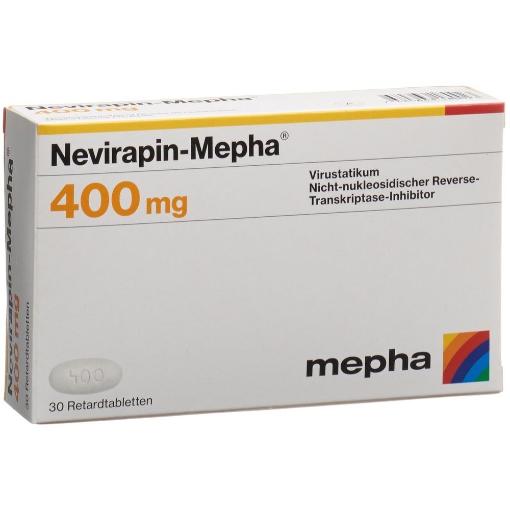 Boîte de NEVIRAPIN Mepha Ret Tabl 400 mg. Inscription: NEVIRAPIN Mepha, 400 mg. Logo du fabricant: mepha.