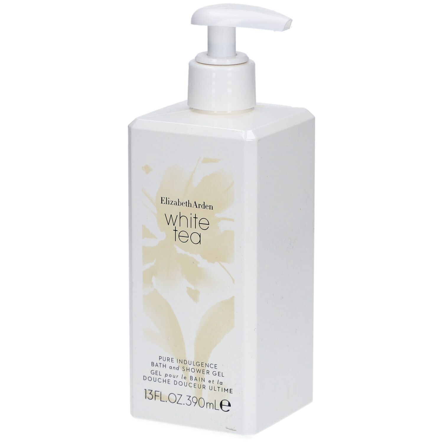 Gel douche blanc avec pompe. Inscription : Elizabeth Arden White Tea. 13 fl.oz. 390ml.