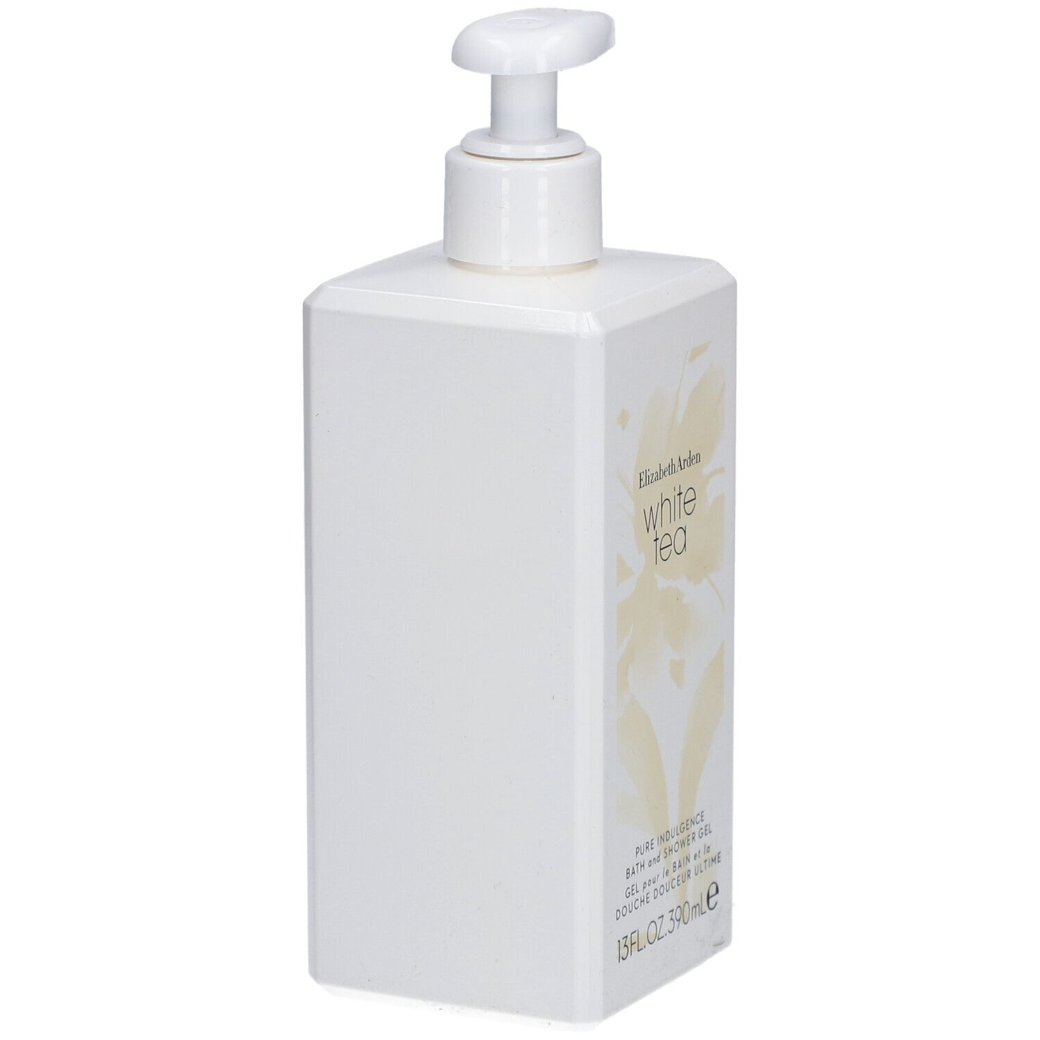 Gel douche blanc avec pompe. Inscription : Elizabeth Arden White Tea. 13 fl.oz. 390ml.