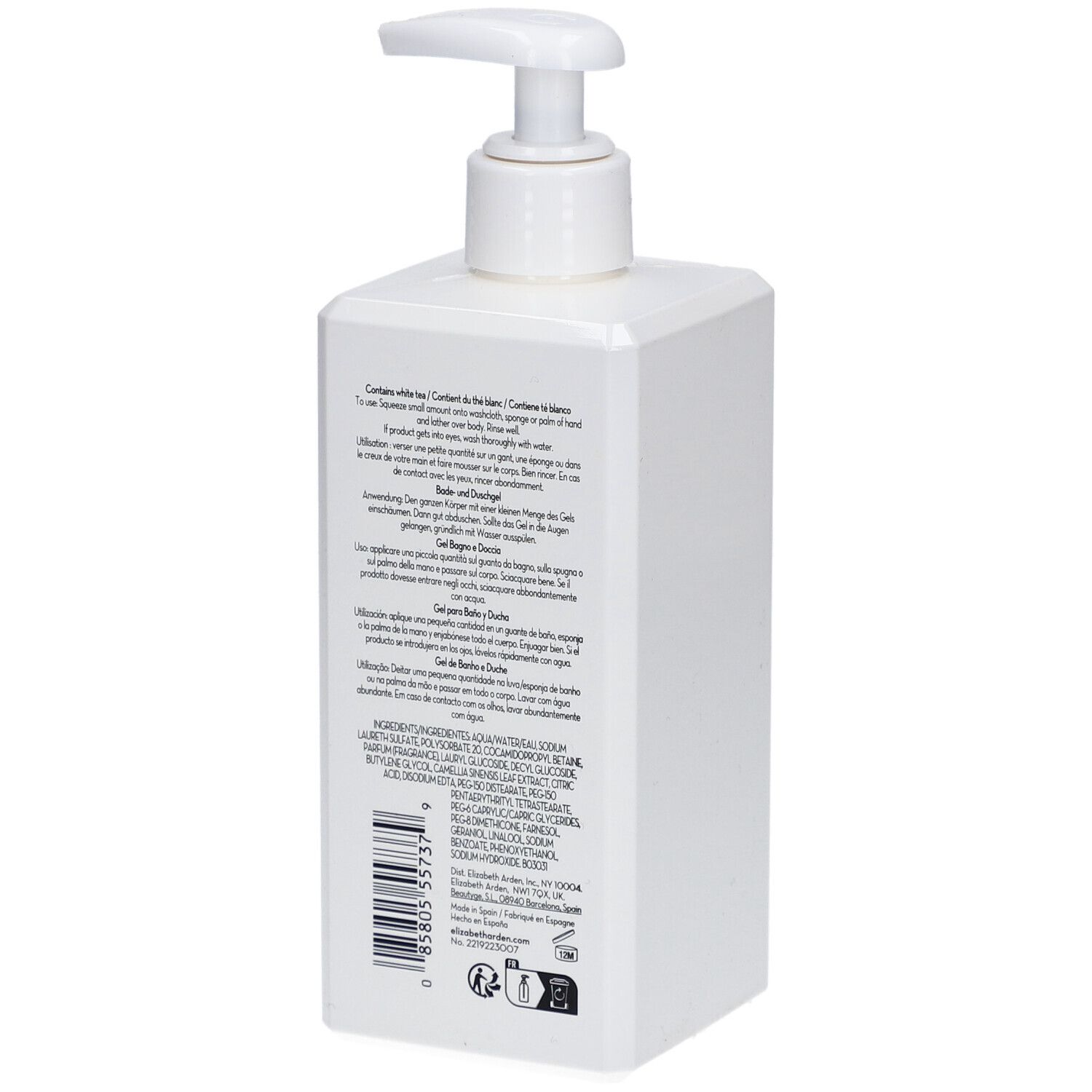 Dos du gel douche blanc. Texte multilingue. Code-barres et informations.