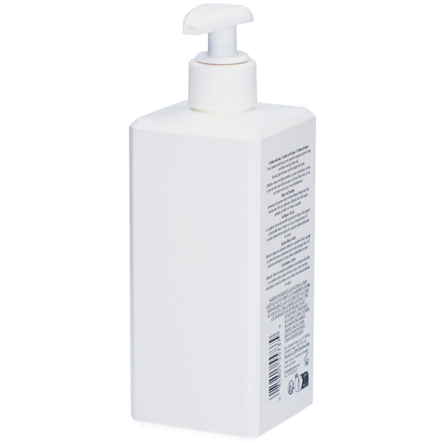 Dos du gel douche blanc. Texte multilingue. Code-barres et informations.