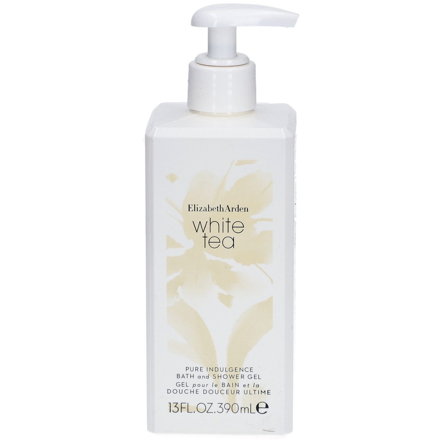 Gel douche blanc avec pompe. Inscription : Elizabeth Arden White Tea. 13 fl.oz. 390ml.