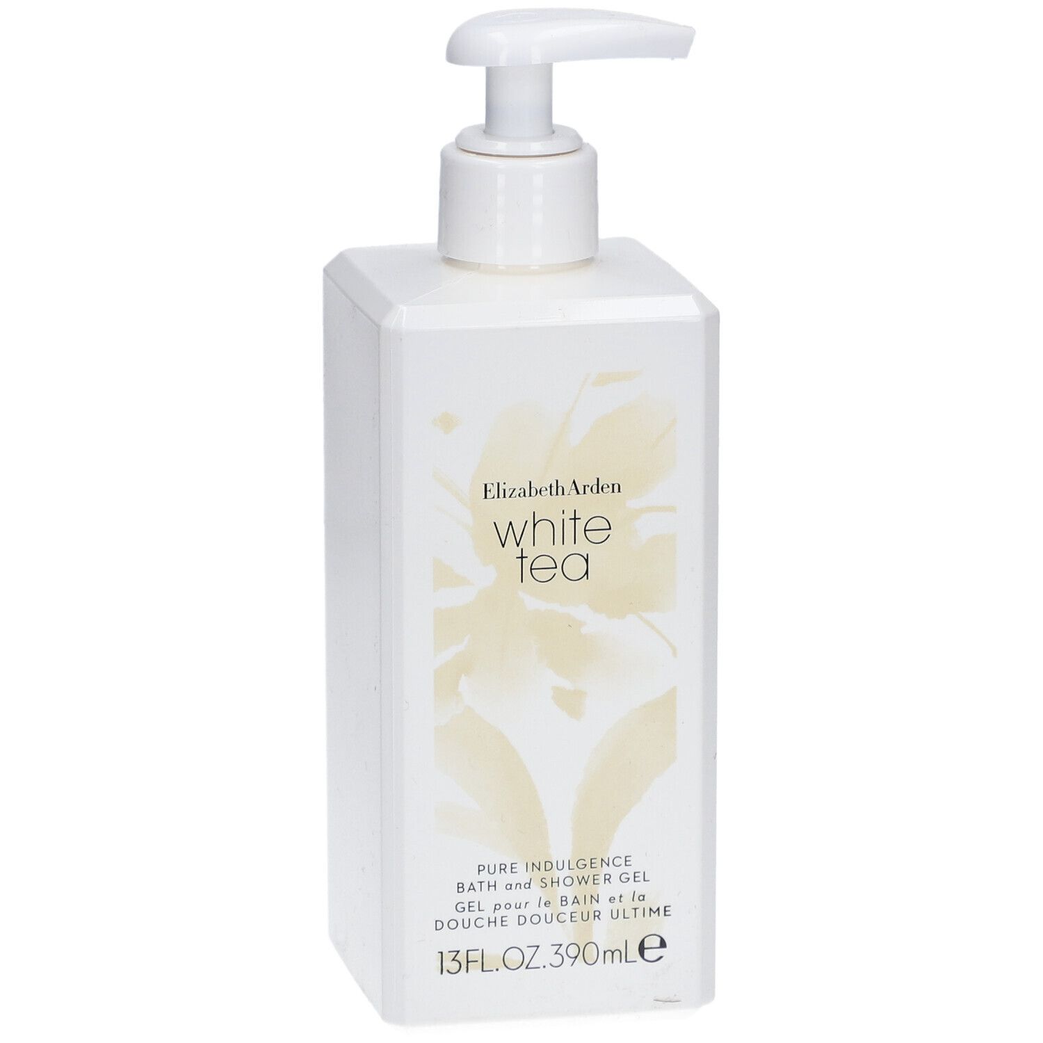Gel douche blanc avec pompe. Inscription : Elizabeth Arden White Tea. 13 fl.oz. 390ml.