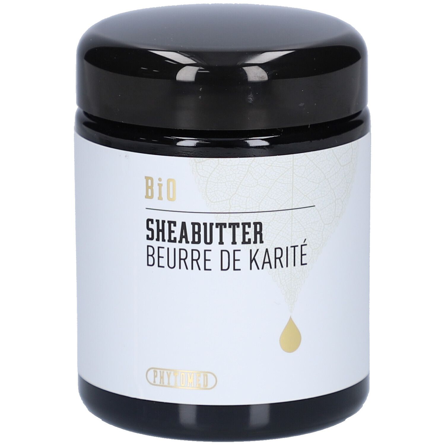 Schwarzes Tiegel mit weißem Etikett. Aufschrift: BIO Sheabutter, Beurre de Karité. Tropfensymbol.