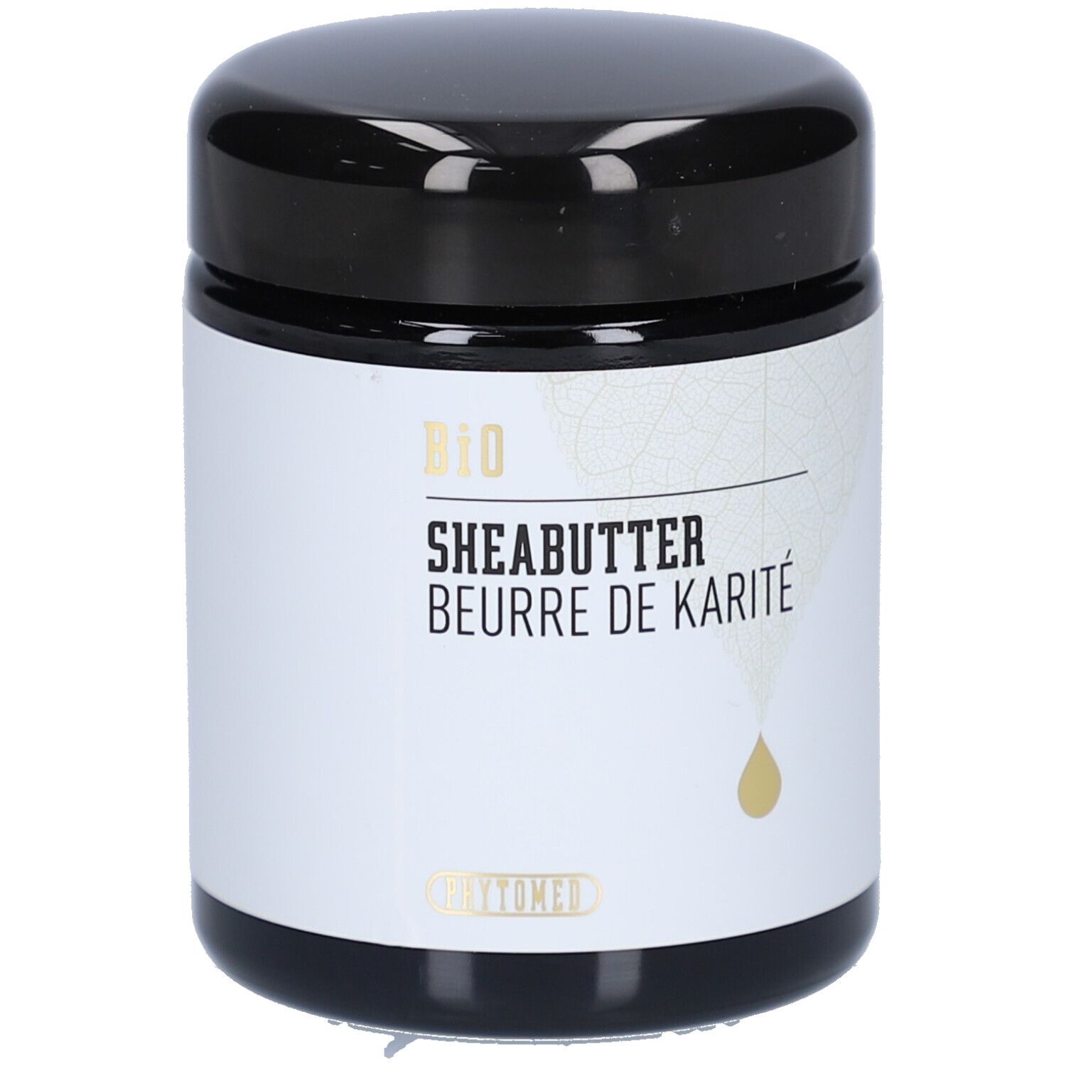Schwarzer Tiegel mit weißem Etikett. Aufschrift: BIO Sheabutter, Beurre de Karité. Tropfensymbol.