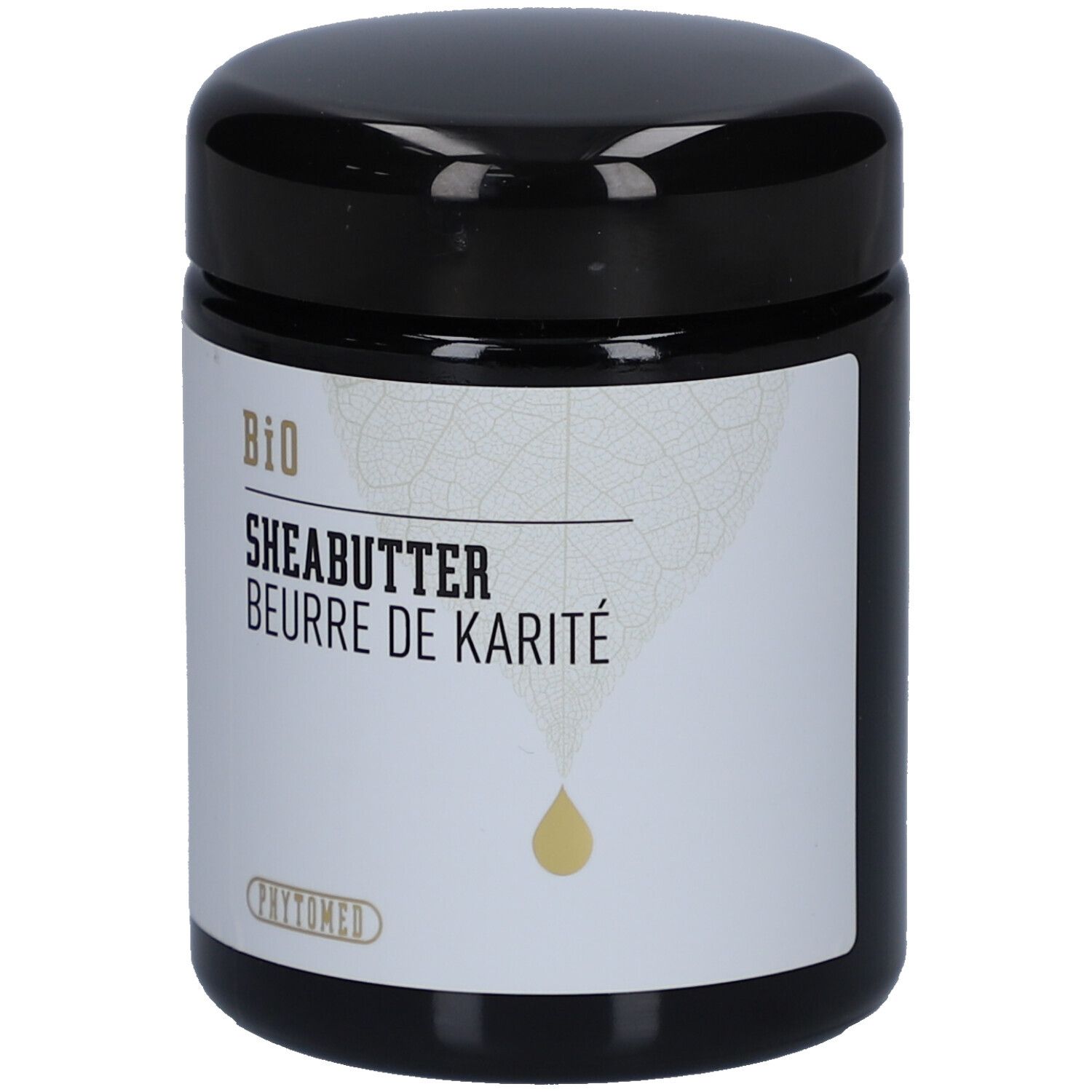 Schwarzer Tiegel mit weißem Etikett. Aufschrift: BIO Sheabutter, Beurre de Karité. Tropfensymbol.