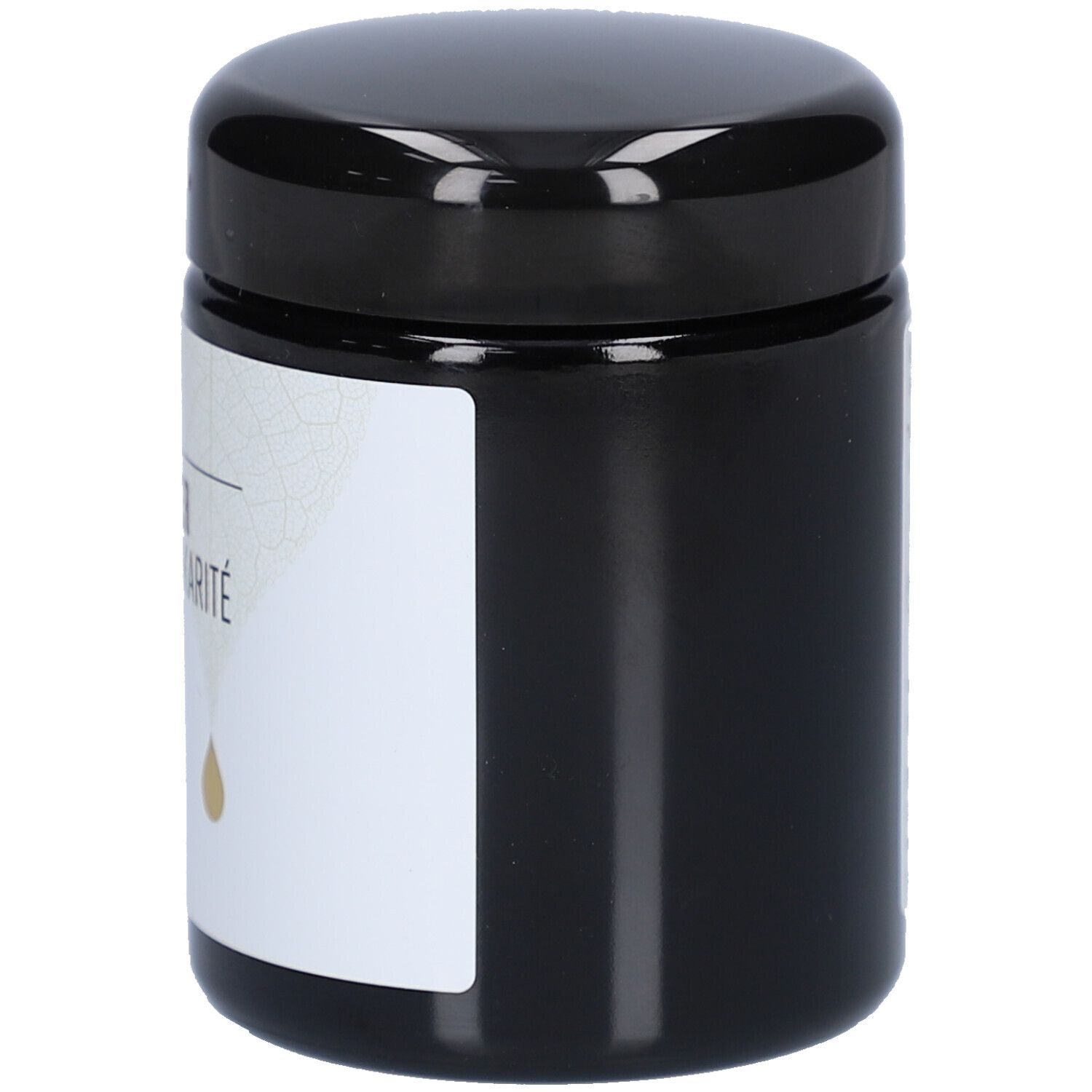 Schwarzer Tiegel mit weißem Etikett. Aufschrift: BIO Sheabutter, Beurre de Karité. Tropfensymbol.