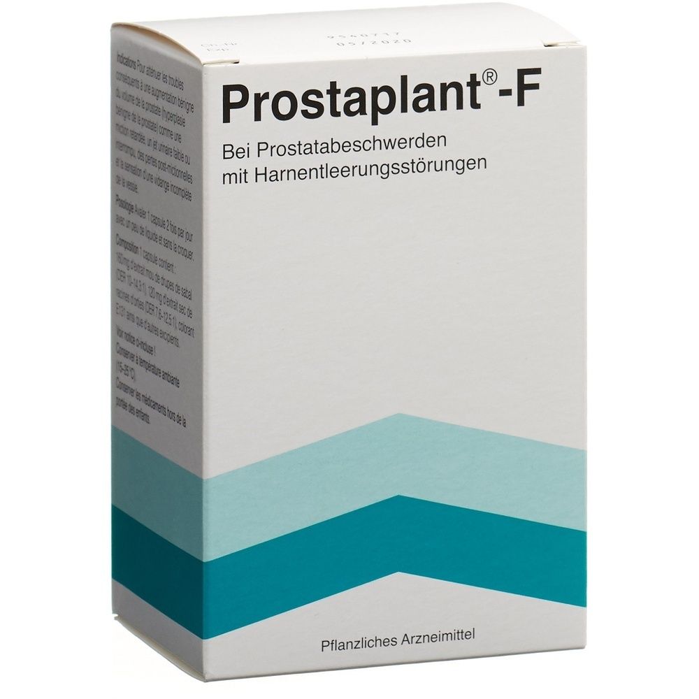 Kartonverpackung mit Produktnamen und blauen Wellenmustern. Text: PROSTAPLANT F Weichkaps.