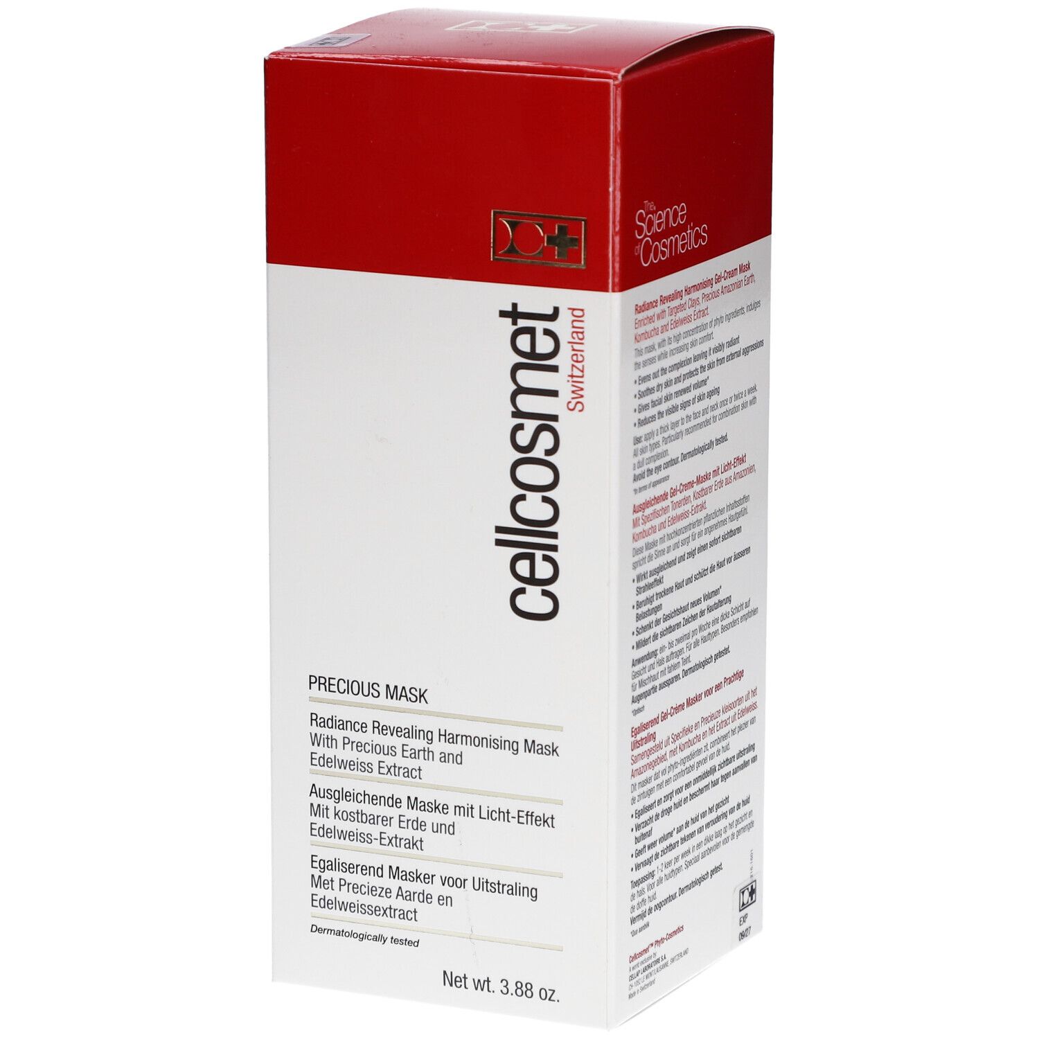 Emballage de Cellcosmet Precious Maske. Boîte blanche et couvercle rouge. Inscriptions: cellcosmet, Precious Mask, Swiss Cosmetics.