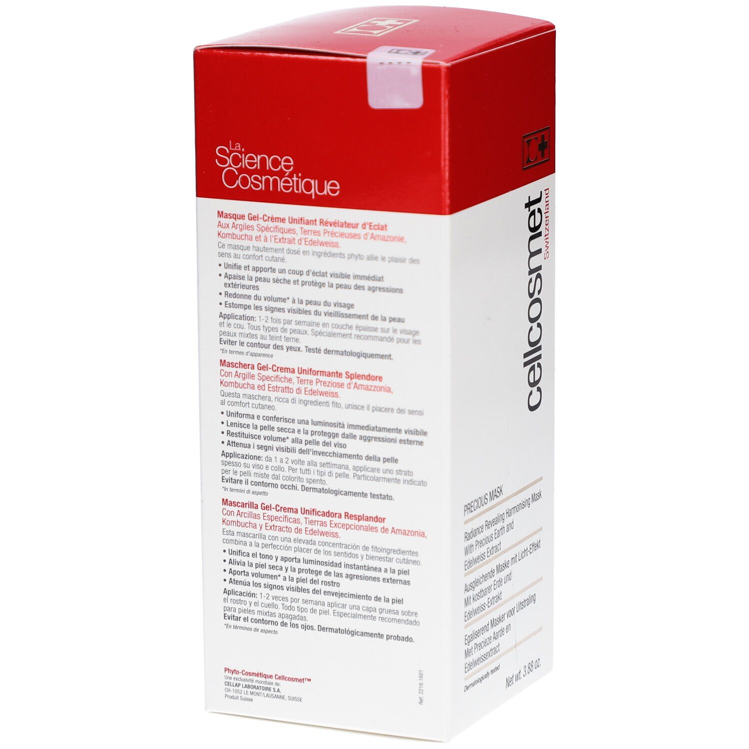 Dos de l'emballage Cellcosmet Precious Maske. Boîte blanche et couvercle rouge. Texte en plusieurs langues.
