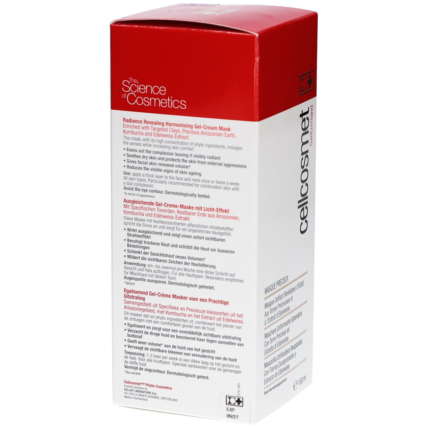 Dos de l'emballage Cellcosmet Precious Maske. Boîte blanche et couvercle rouge. Texte multilingue, 100ml.