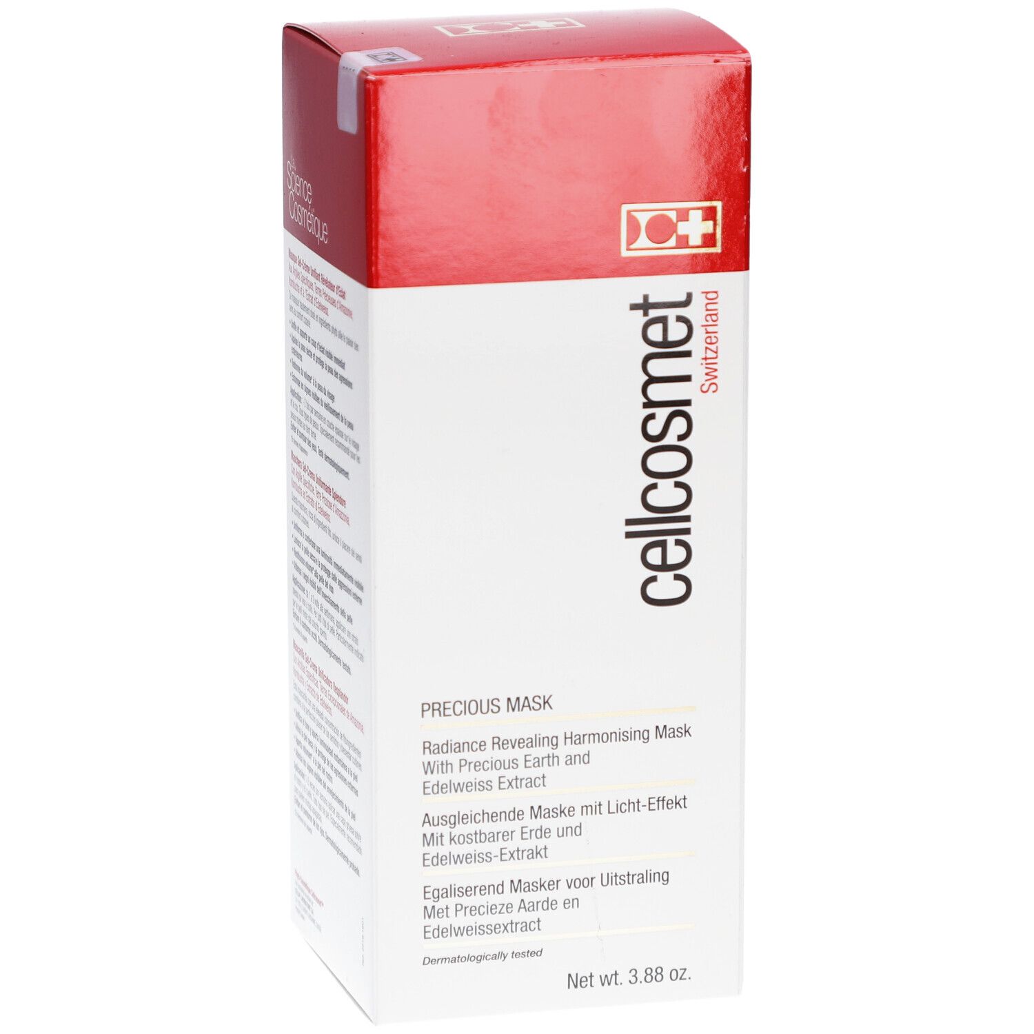 Emballage Cellcosmet Precious Maske. Boîte blanche et couvercle rouge. Inscriptions: cellcosmet, Precious Mask, 3.88 oz.