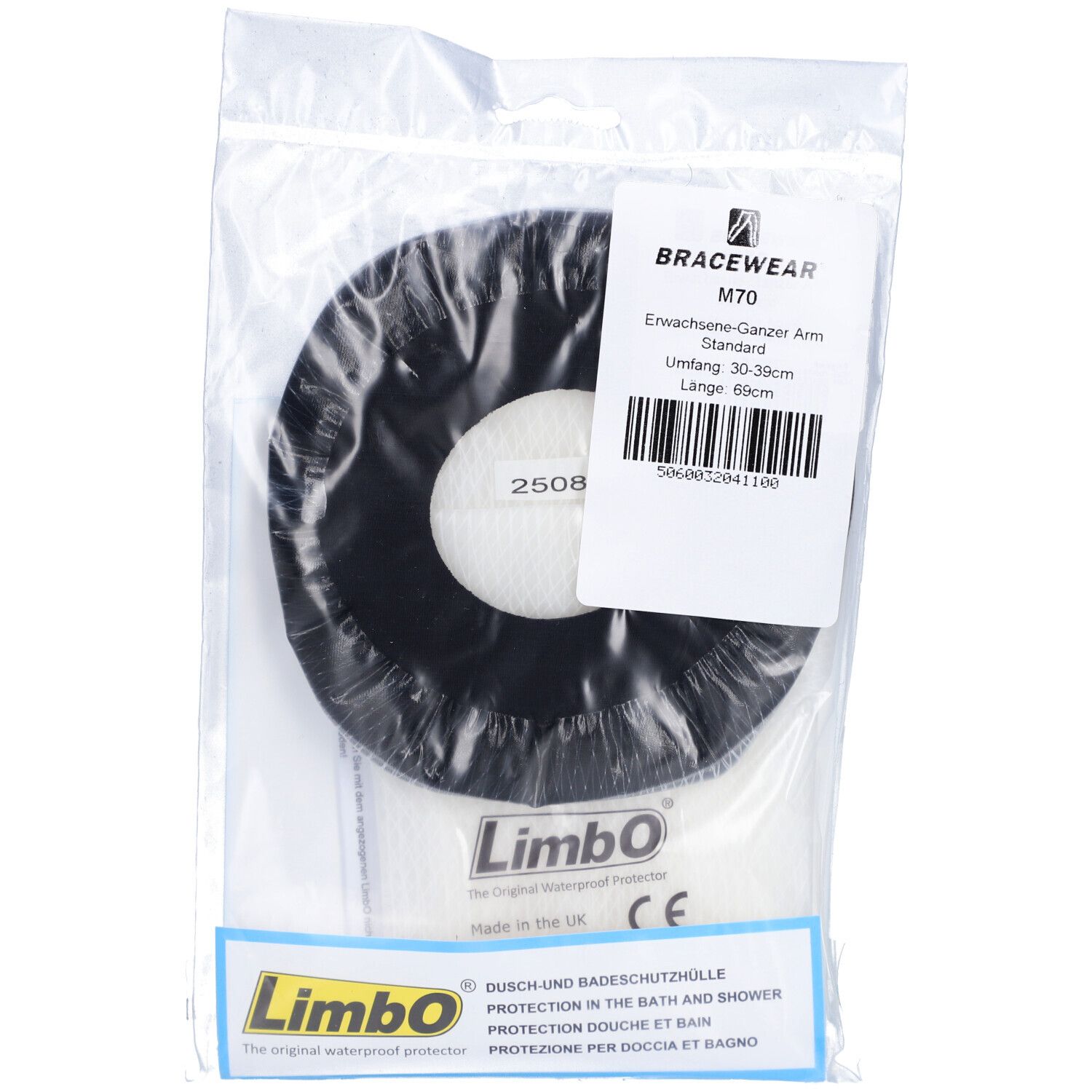 Runder, schwarzer Armschutz in Plastikverpackung. Weißes Innenmaterial. Etikett mit Produktinformationen.