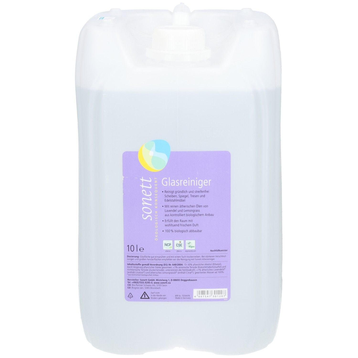 Transparenter Kanister mit Glasreiniger. Aufkleber mit Produktinformationen und Logo. 10 Liter.